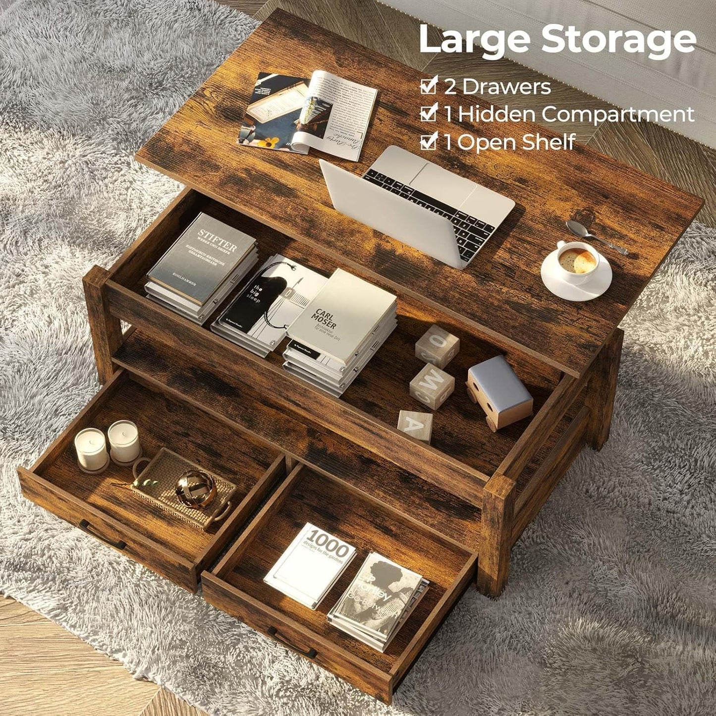 Rolanstar Coffee Table, Lift Top Coffee Table with Drawers and Hidden Compartment, Retro Central Table with Wooden Lift Tabletop, for Living Room,Rustic Brown
