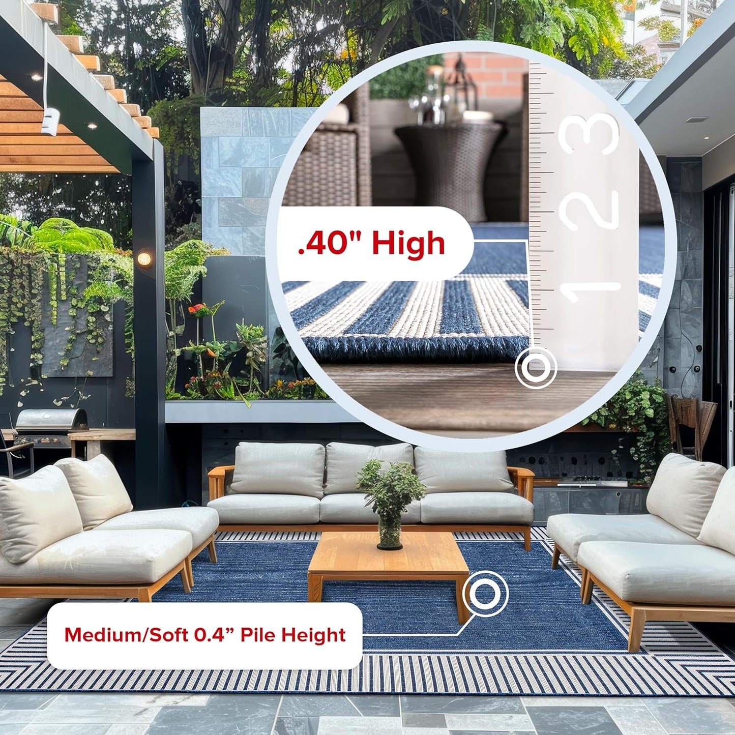 nuLOOM 2' x 8' Outdoor Area Rug, Casual Design With Striped Border, Stain Resistant, Highly Durable, For Patio, Balcony, Bedroom, Living Room, Dining Room, Bathroom, Navy