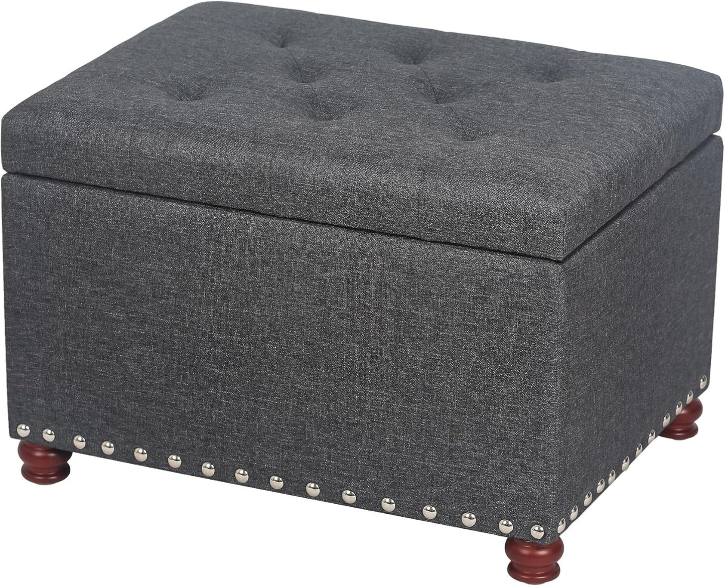 Joveco Storage Ottoman Linen Tufted Bench with Rivet, Rectangular Footrest Stool Coffee Table Seat for Living Room Bedroom, Grey