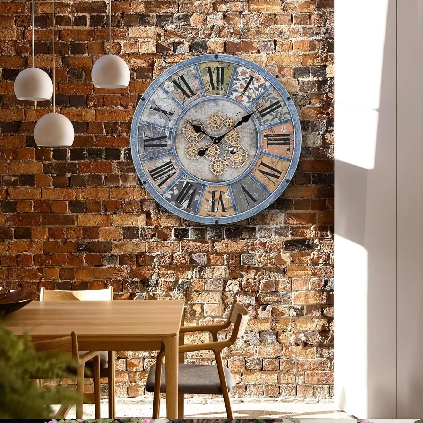 Unique Moving Gear Large Wall Clock - Battery Powered. Retro Industrial Steampunk Country Farmhouse Decor for The Living Room Kitchen Bars cafes and Offices (Blue/Metal/Round)