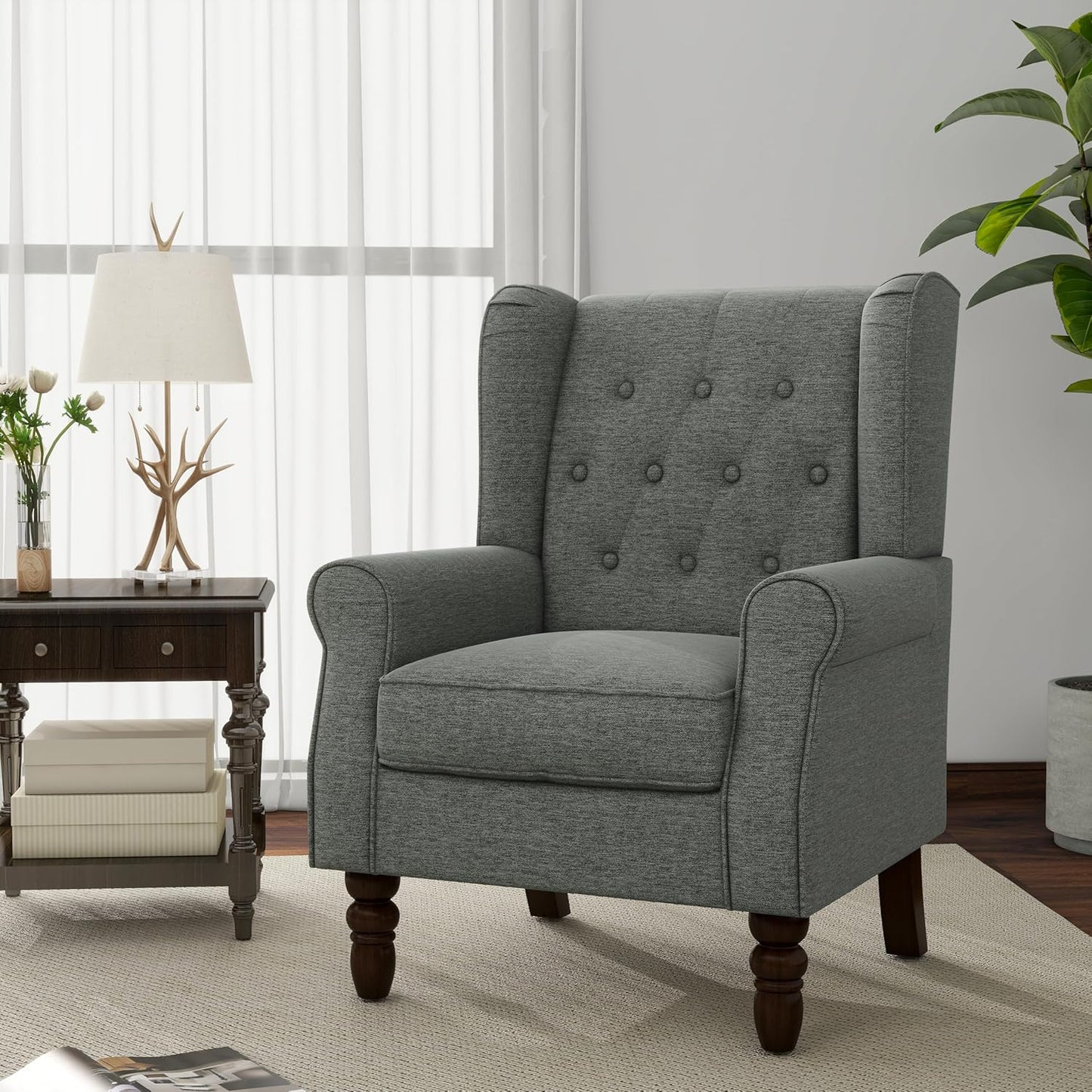Accent Chair, Upholstered Armchair with Button Tufted High Back & Solid Wood Legs, Comfy Wingback Reading Single Sofa Chair for Small Spaces, Living Room, Bedroom (Grey, Set of 1)