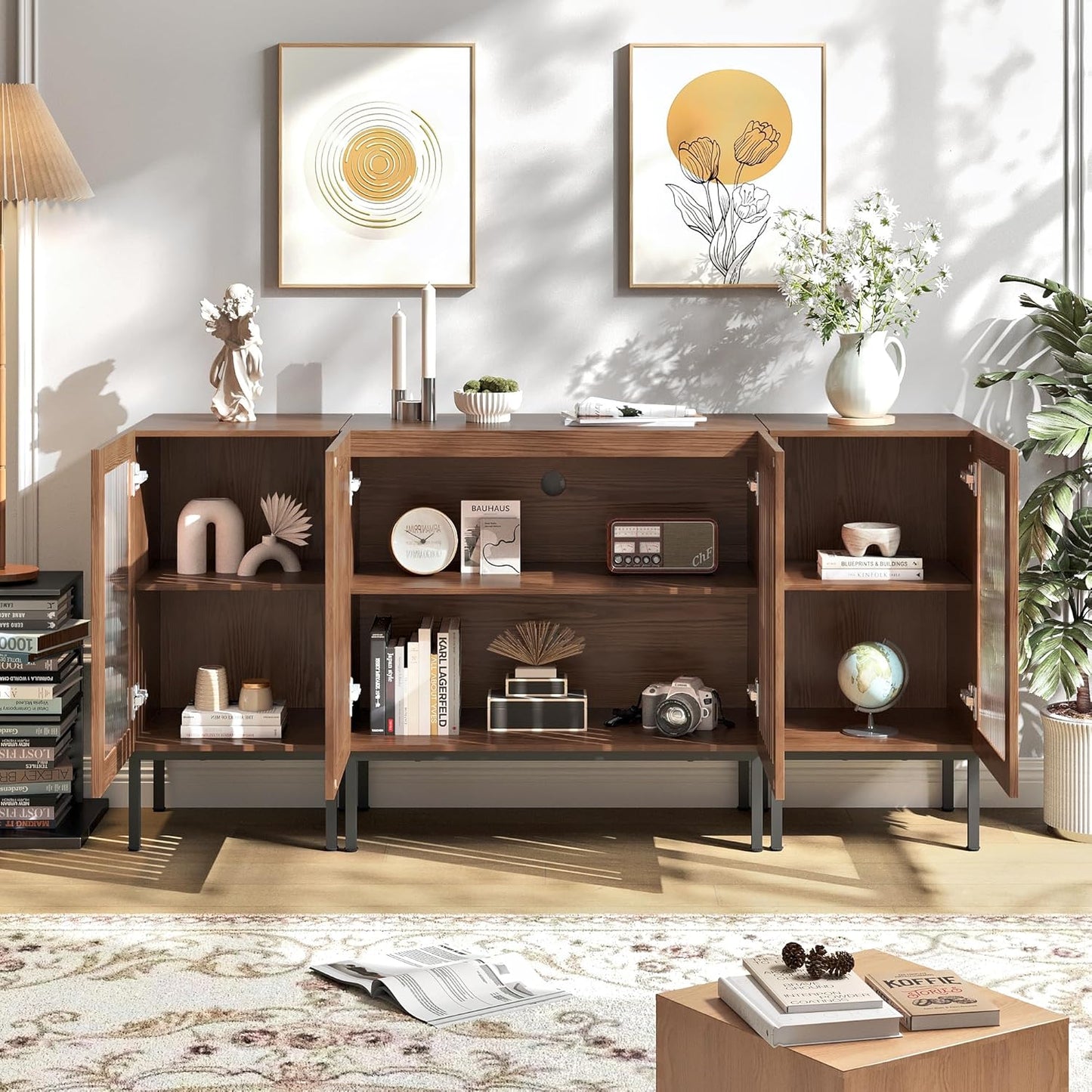 Farmhouse TV Stand for TVs up to 70 Inch, Entertainment Center TV Console with Storage Cabinets and Glass Doors,Media Console for Living Room,Brown