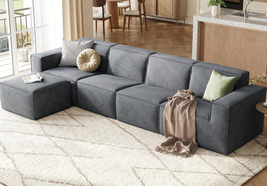 LINSY HOME Modular Sectional Sofa, 134" Boneless Couch L Shaped 4-Seat Sofa with Movable Ottoman, Corduroy Sectional Cloud Couches for Living Room, No Assembly Required, Bluish Grey