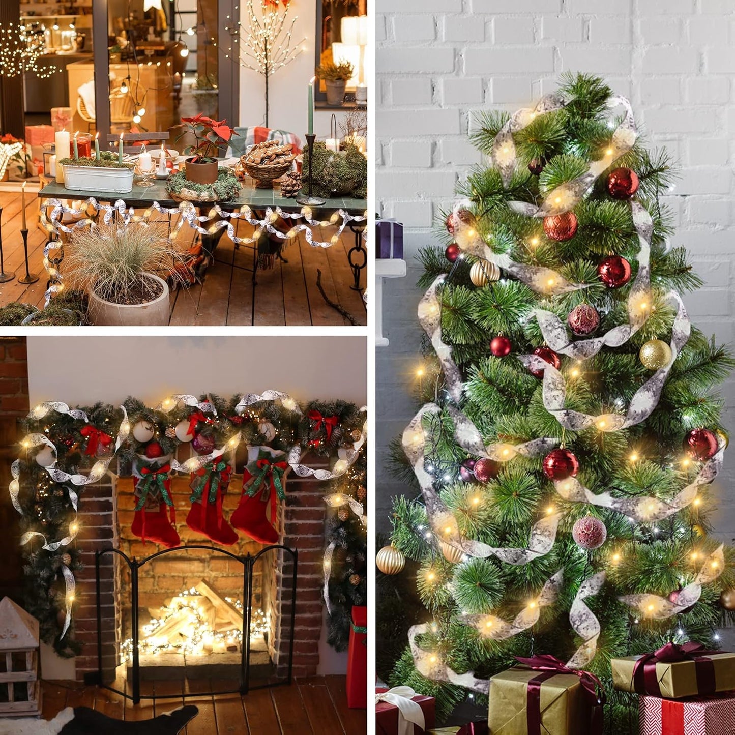 Minetom Christmas Tree Ribbon String Lights - 33ft 100 LED Battery Powered Fairy Lights with Timer