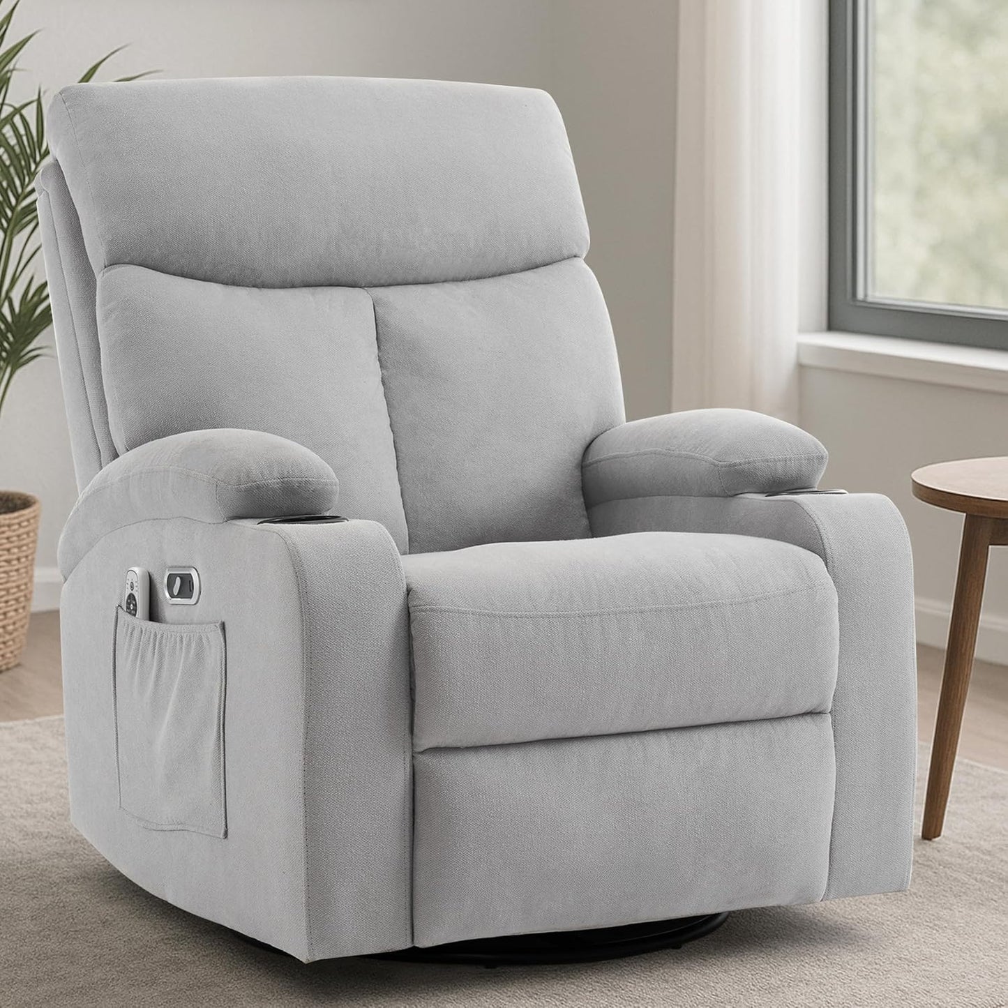 Swivel Power Recliner Chair for Adults with Full Body Massage, Electric Rocker Recliner Chairs for Living Room with USB and Type-C Ports, Fabric Rocking Reclining Sofa Chair (LightGrey)