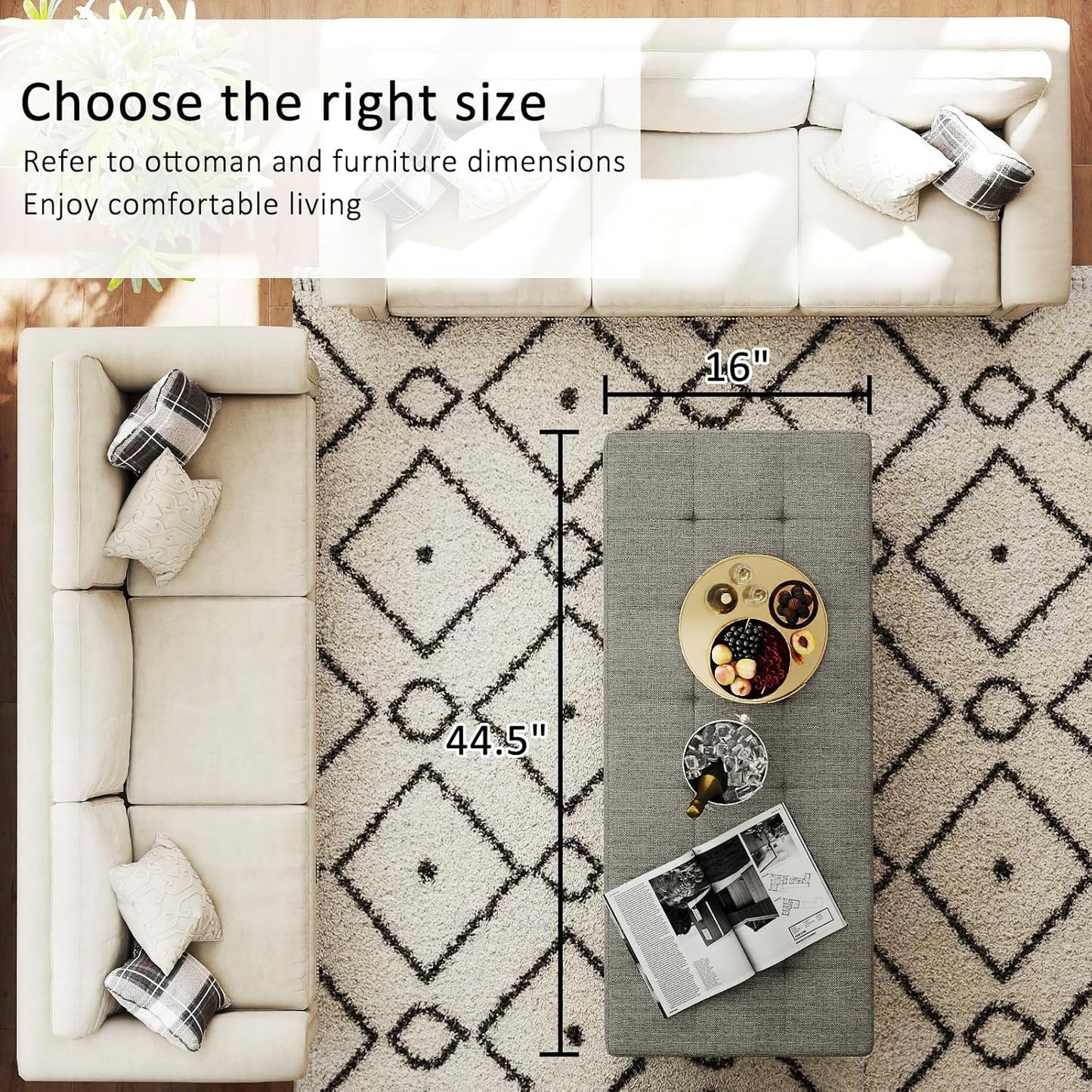 Large Rectangular Upholstered Ottoman Bench, Linen Tufted Footrest Ottoman with Solid Wood Shelf Storage Coffee Table for Bedroom Living Room, Granite