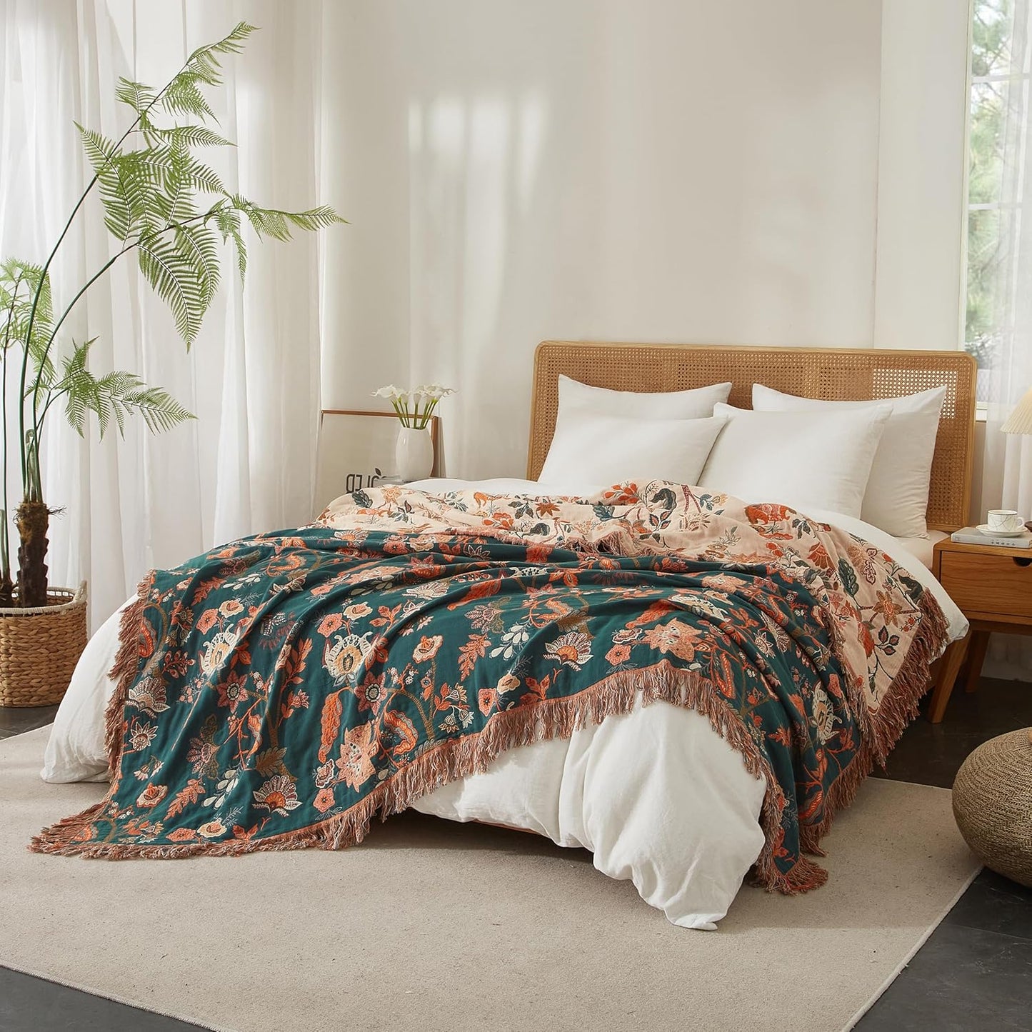 Boho Throw Blanket for Bed 80”x90”, 100% Cotton Woven Blanket for Couch Sofa, Ultra Soft 4-Layer Muslin Quilt with Floral Printed, Farmhouse Bed Blanket/Cover for Living Room Decor