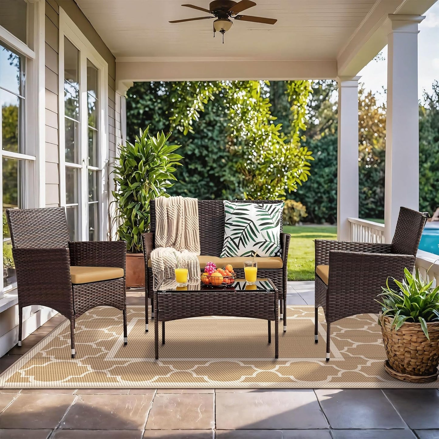 GENIMO 5' x 8' Outdoor Rug Waterproof for Patio Decor, Foldable Reversible Plastic Straw Area Rugs Mat for Camper, Outside Carpet for Rv, Deck, Porch, Picnic, Beach, Balcony, Brown & Beige