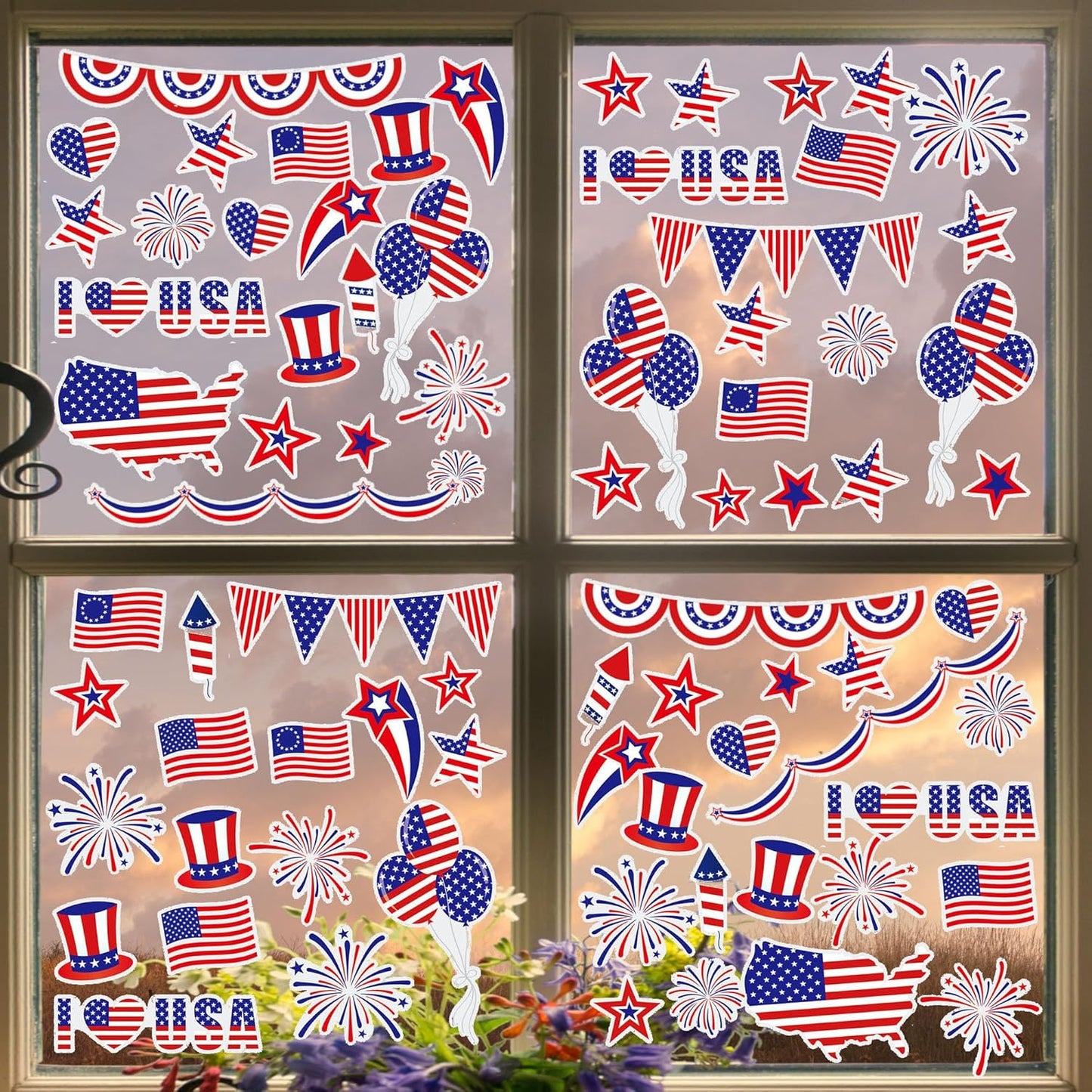 Iconikal July 4th Static Cling Window Decorations, Patriotic American Flag, 200-Count