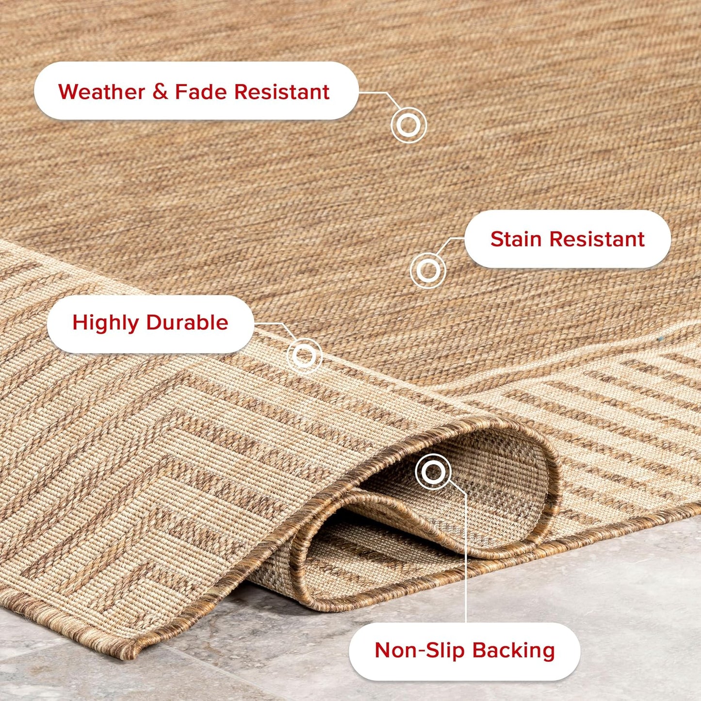 nuLOOM 8' x 10' Outdoor Area Rug, Casual Design With Striped Border, Stain Resistant, Highly Durable, For Patio, Balcony, Bedroom, Living Room, Dining Room, Bathroom, Light Brown
