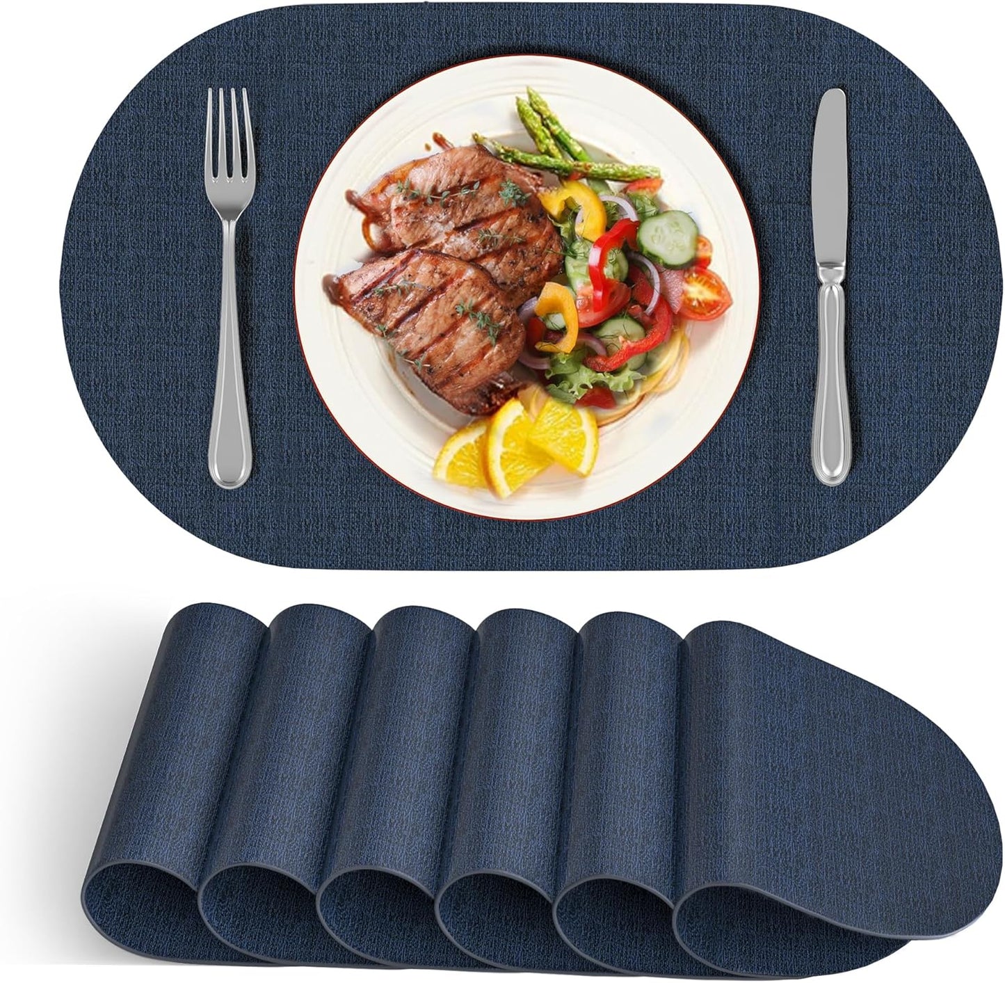 DOLOPL Placemats Set of 6, Oval Reversible Wipeable & Heat Resistant Place Mats, Modern Faux Leather Table Mats for Kitchen, Neutral Tablemats for Dining Table Decor, Wedding, Party(Navy Blue)