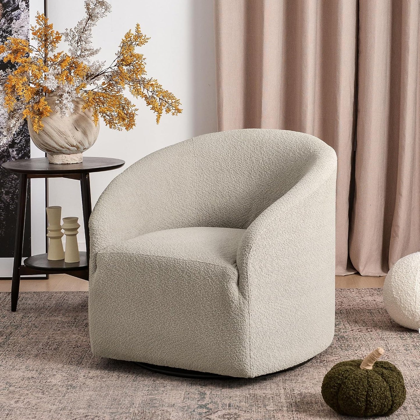 KINWELL 32" Wide Modern Boucle Swivel Barrel Chair, No Assembly Round Upholstered Swivel Accent Armchair for Living Room, Bedroom, Office (Oatmeal)