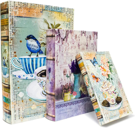 Decorative Book Box Set of 3, Trinket Keepsake Greeting Card Storage Box, Flower Bird Pattern Vintage Coffee Table Decoration, Graduation Gift Idea