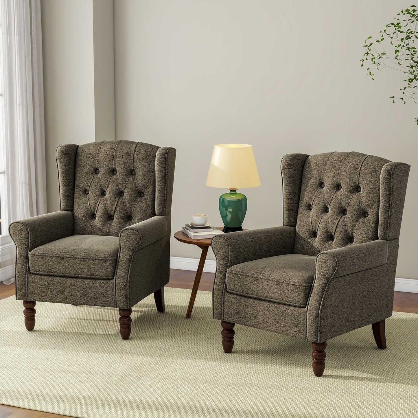 Accent Chair, Upholstered Armchair with Button Tufted High Back & Solid Wood Legs, Comfy Wingback Reading Single Sofa Chair for Small Spaces, Living Room, Bedroom (Taupe, Set of 2)