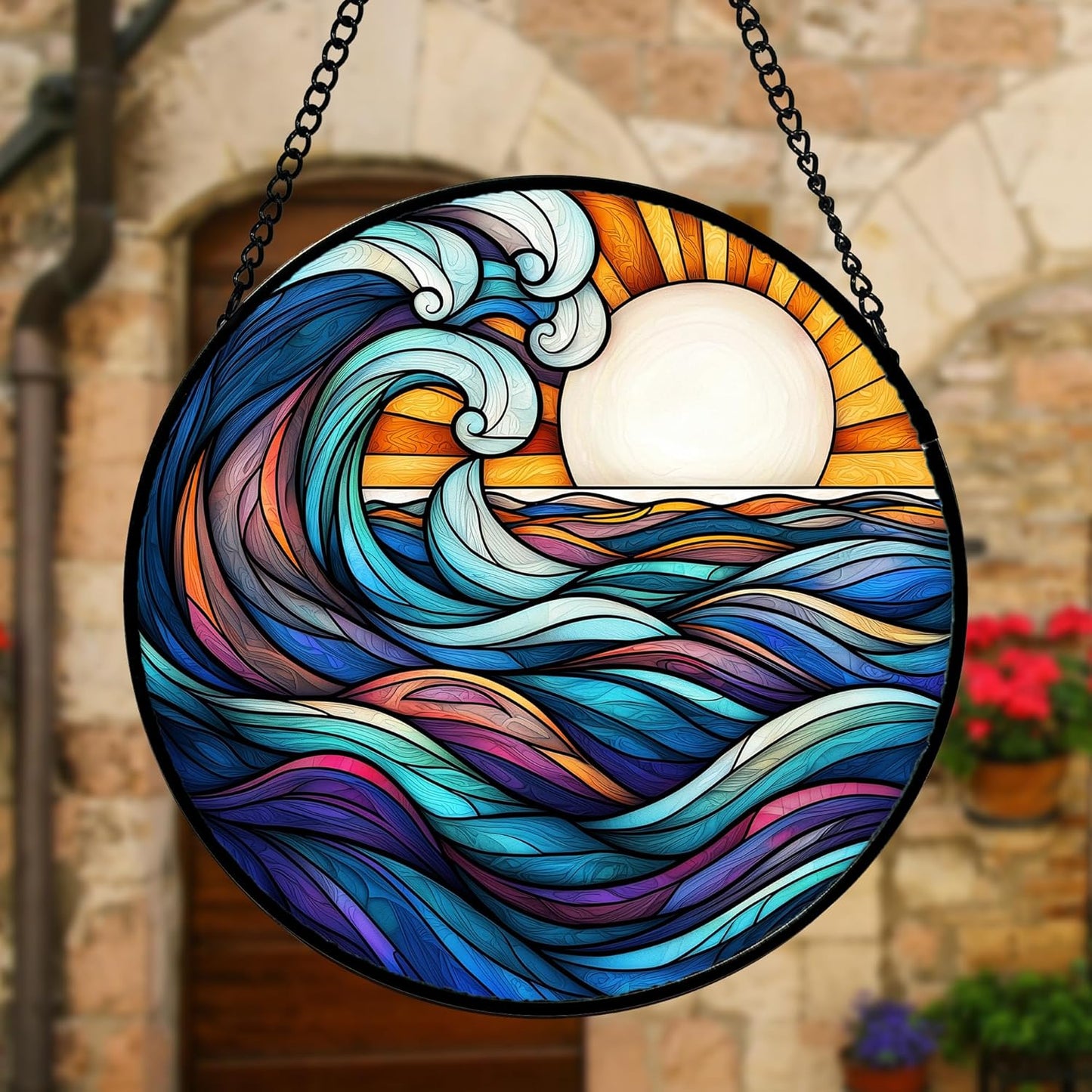 Stained Glass Window Hanging, Big Wave Sun Suncatcher Diamond Glass Panel Hangings Abstract Sun Catchers Decor for Birthday for Women, Men, Wife, Aunt, and Mom 7.8 in
