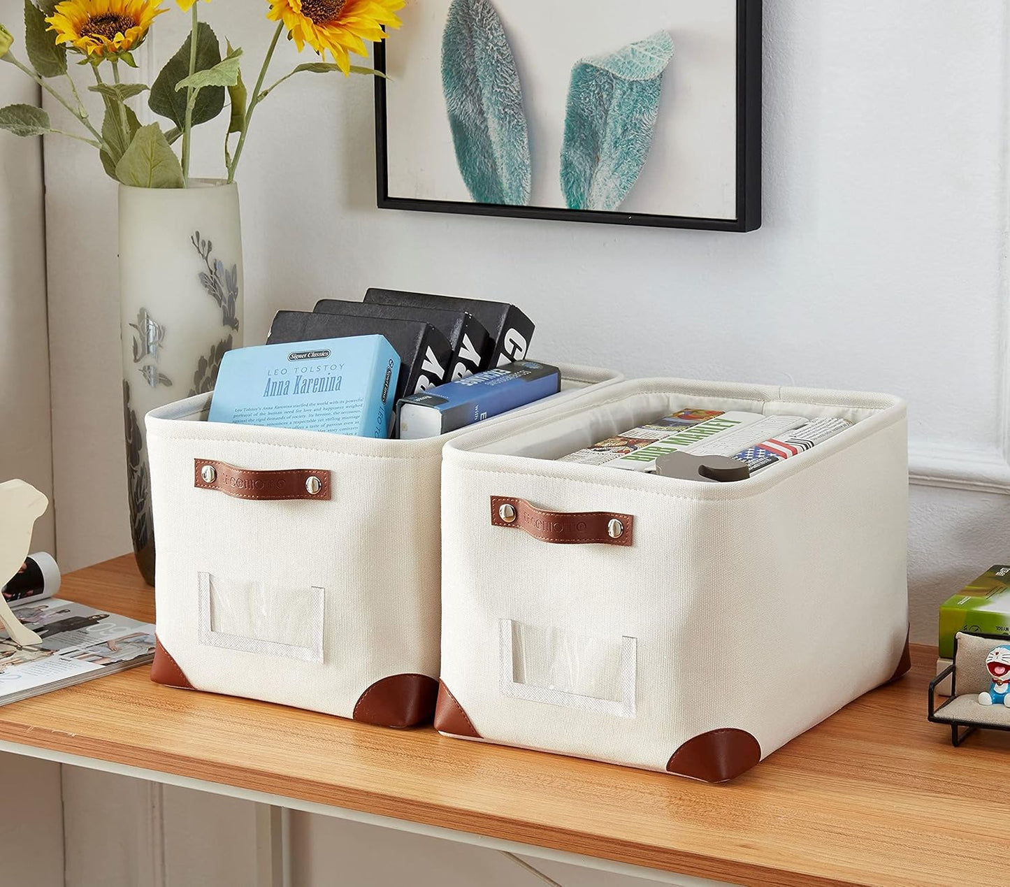 DECOMOMO White Storage Bins Fabric Storage Baskets for Shelves & Linen Closet Organization (Creamy White W/Label holder, Large - 3 Pack)