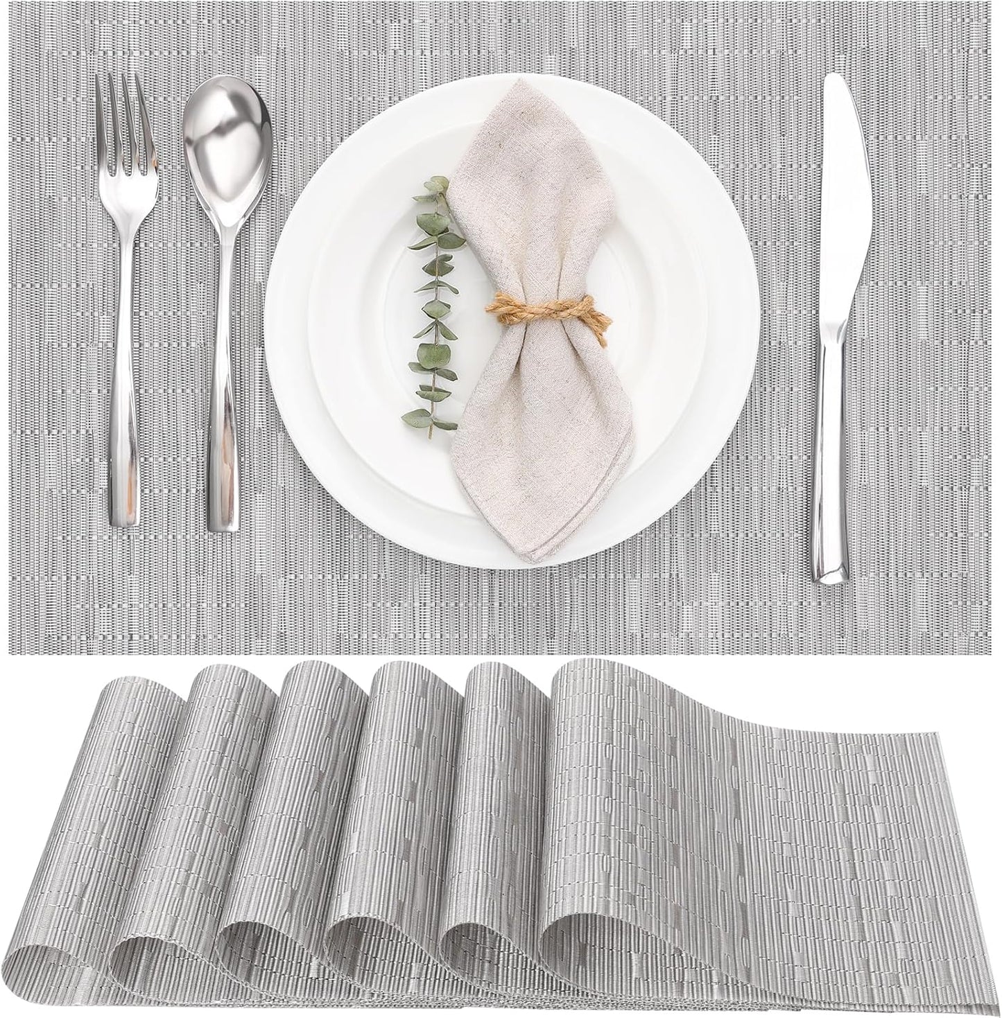 Myir JUN Placemats Set of 6, Vinyl Woven Placemats Place Mats Indoor Washable Table Mats Non-Slip Place mats for Dining Table (Silver, Set of 6)