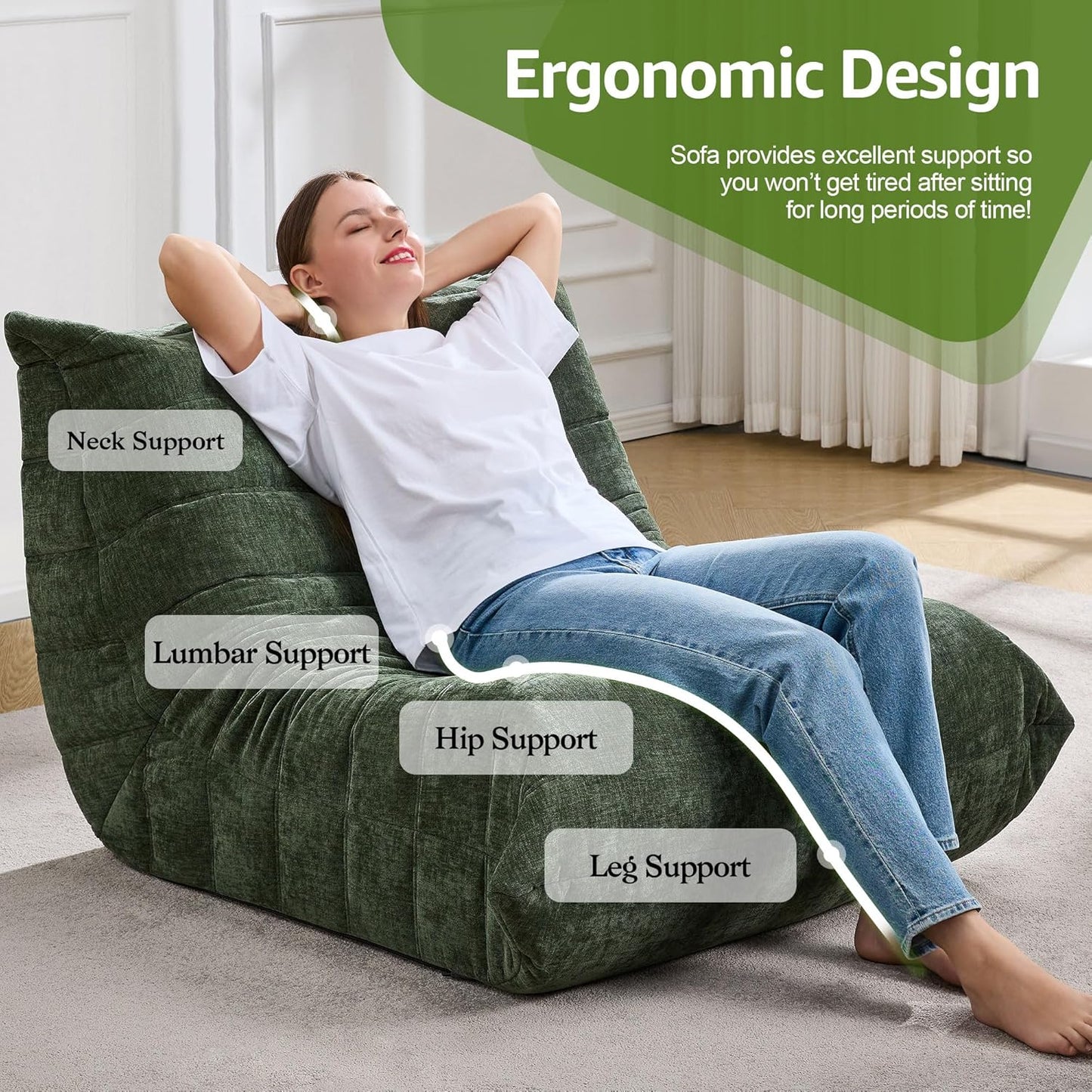 Bean Bag Chairs for Adults Giant Bean Bag Chair Memory Foam BeanBag Chair Big Bean Bag Sofa with Filler Faux Fur Fireside Beanbags Lazy Sofa for Living Room Bedroom Dorm Office (Green Chenille)