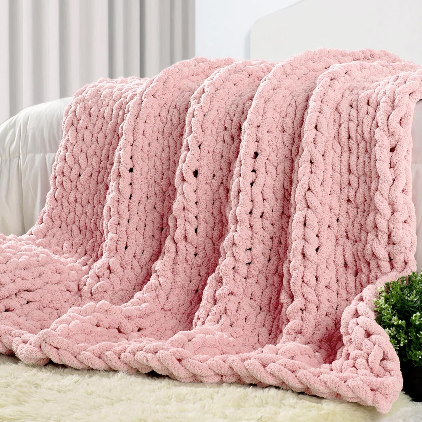 Carriediosa Chunky Knit Throw Blanket 50" X 60", 100% Hand Made Large Chenille Loop Yarn Soft Fluffy Throws for Couch Sofa Bed, Big Crochet Cozy Heavy Thick Cable Woven Blankets, Dusty Pink