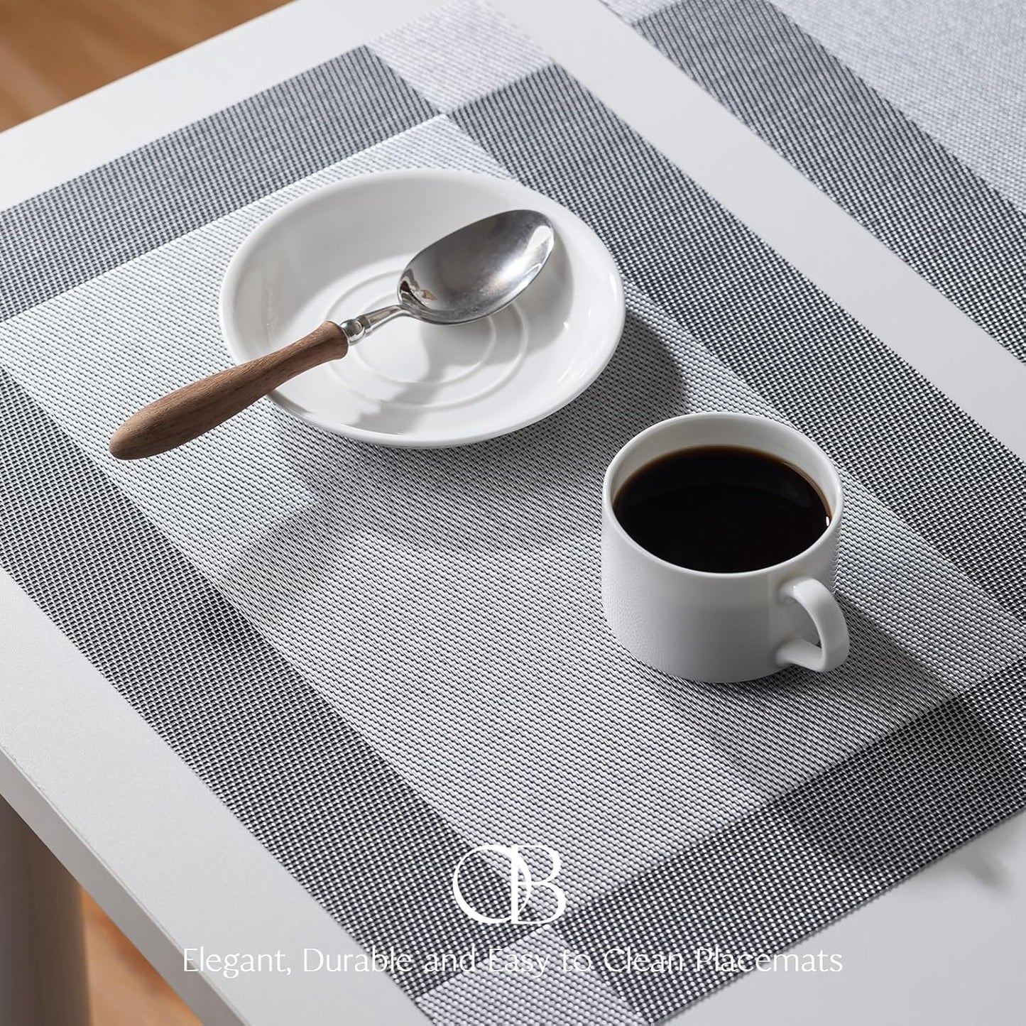 Placemats Set of 8 - Easy Clean Woven Vinyl Placemats for Dining Table, Indoor/Outdoor Place Mats, Washable PVC Table Mats （Silver Cube）