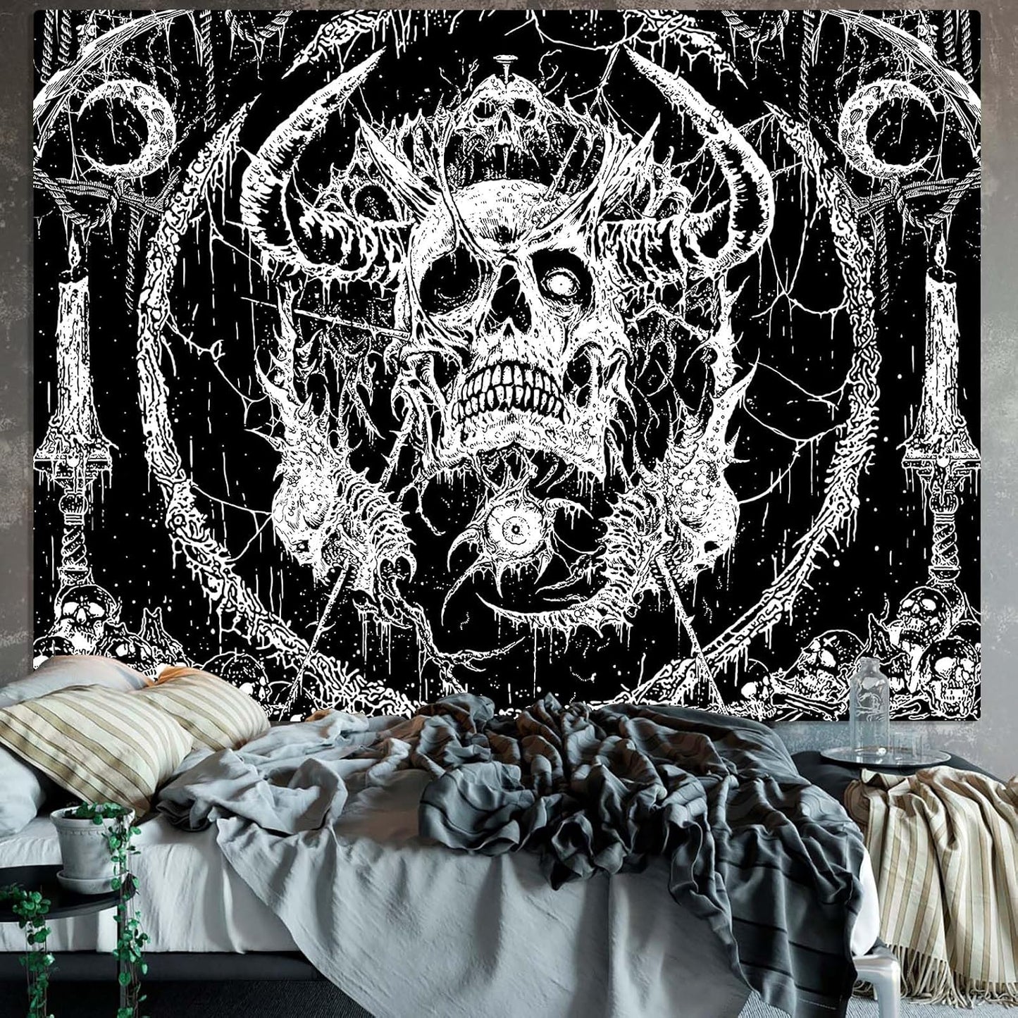 Lifeella Skull Tapestry, Gothic Horror Moon Skeleton Mystic Dark Tapestries for Bedroom Grunge Wall Hanging Black and White 60 x 80 inch