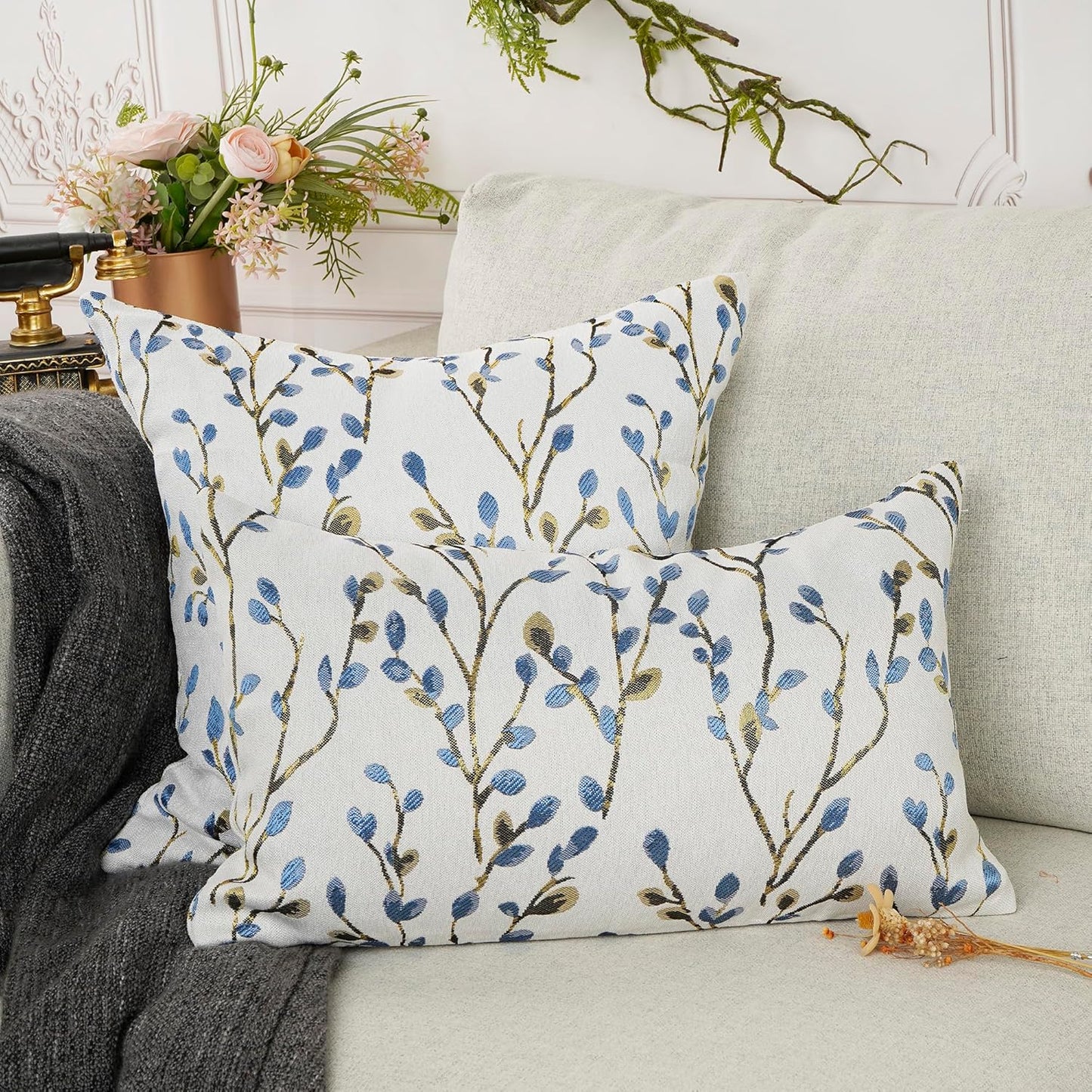 YOUR SMILE Classical Embroidery Jacquard Blue Square Decorative Throw Pillow Case Cushion Cover 18x18 inch