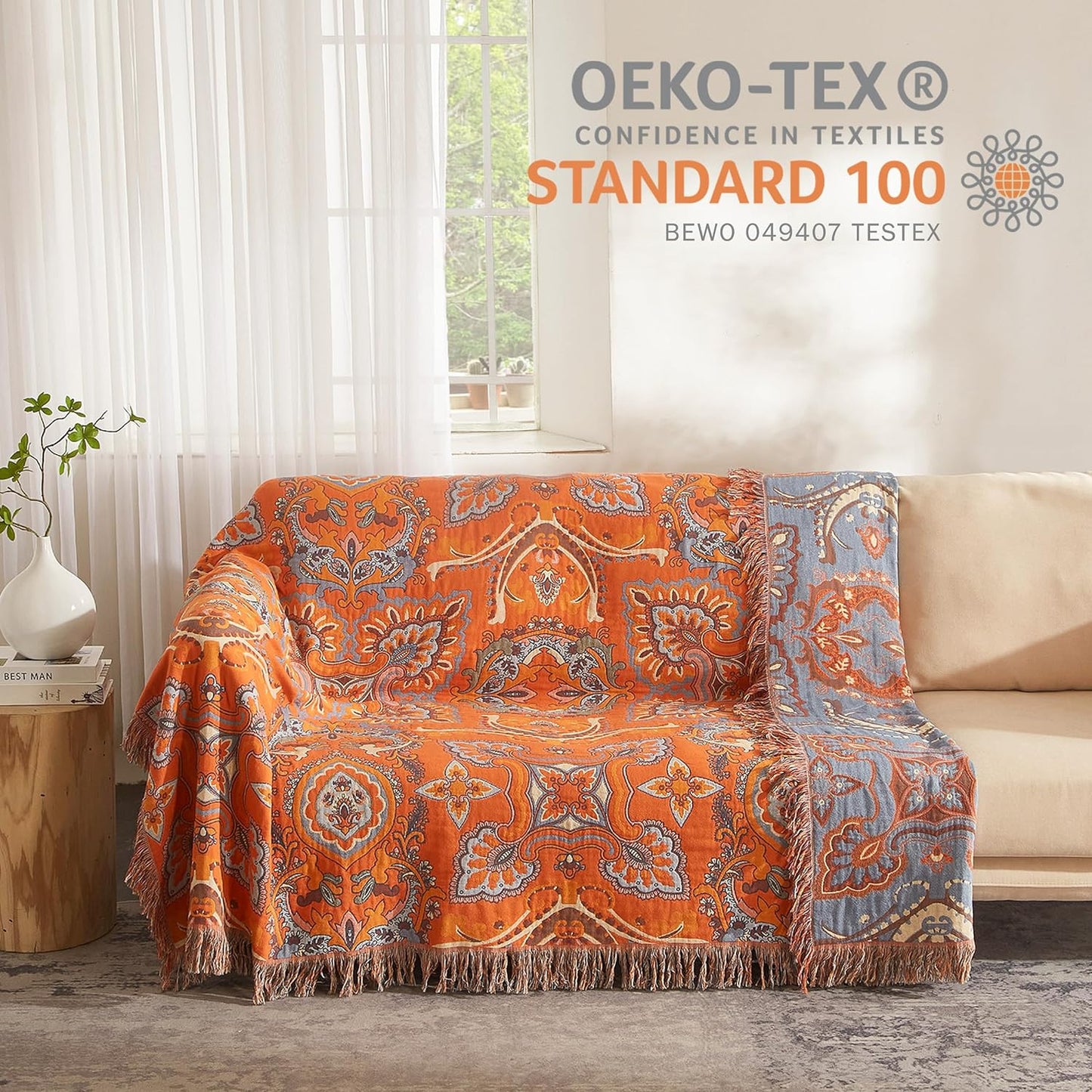 Boho Throw Blanket for Bed 80”x90”, 100% Cotton Woven Blanket for Couch Sofa, Ultra Soft 4-Layer Muslin Quilt with Vintage Floral Printed, Farmhouse Bed Blanket/Cover for Living Room Decor