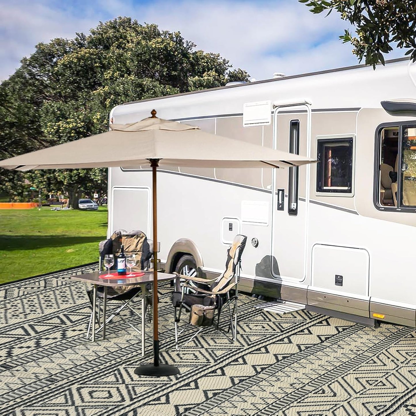 GAOMON Outdoor Rug for Patio 5'x8' Reversible Plastic Rugs Camping Mat for Outdoor, RV, Backyard, Deck, Balcony, Picnic, Beach, Black/Coffee(Bohemia)