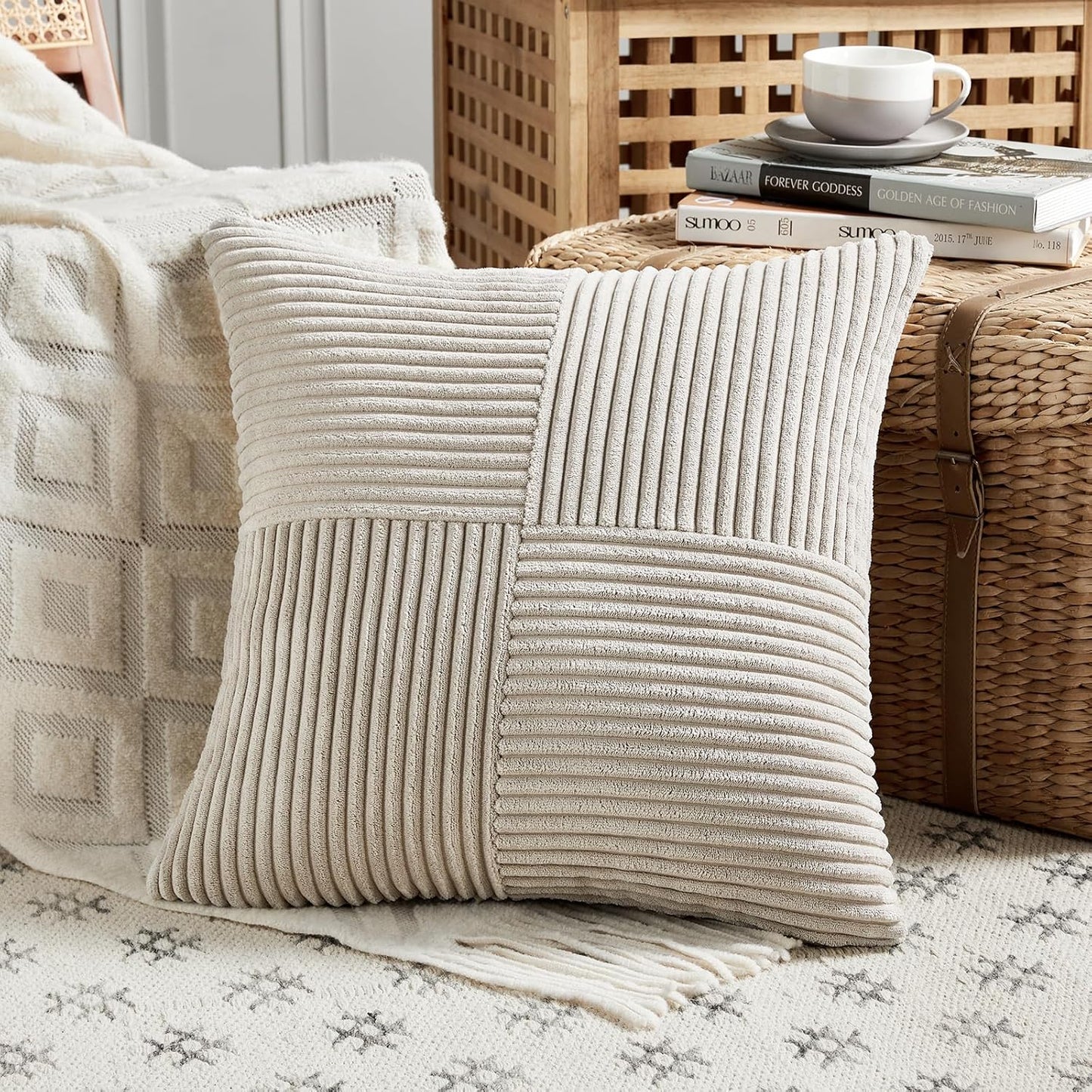 Fancy Homi 2 Packs Neutral Taupe Samll Decorative Throw Pillow Covers 14x14 Inch with for Couch Bed Sofa, Rustic Farmhouse Boho Home Decor, Soft Corss Patchwork Corduroy Square Cushion Case 35x35 cm