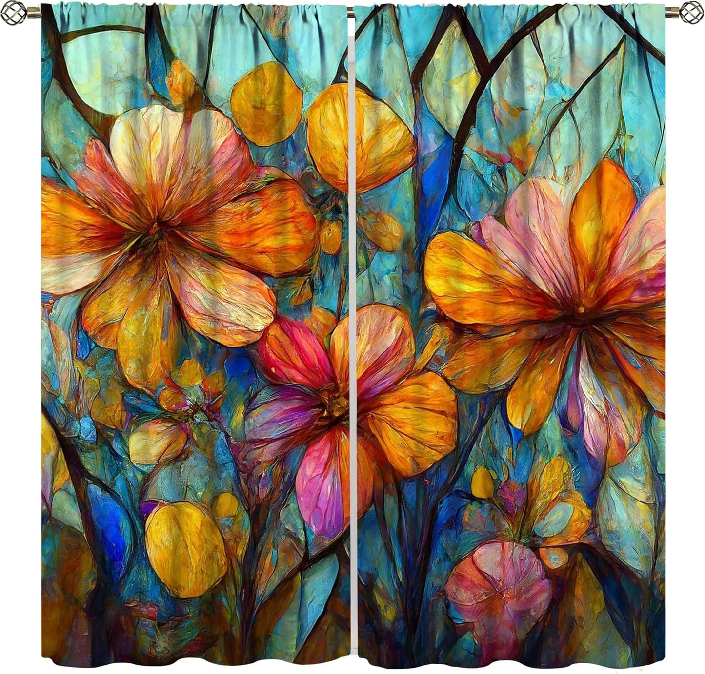 Stained Glass Curtains,Magic Forest Colorful Flowers Abstract Art Home Decor Drapes for Bedroom Living Room Kitchen Window Treatment 2 Panels Set Total Size 42" W X 54" L Inch