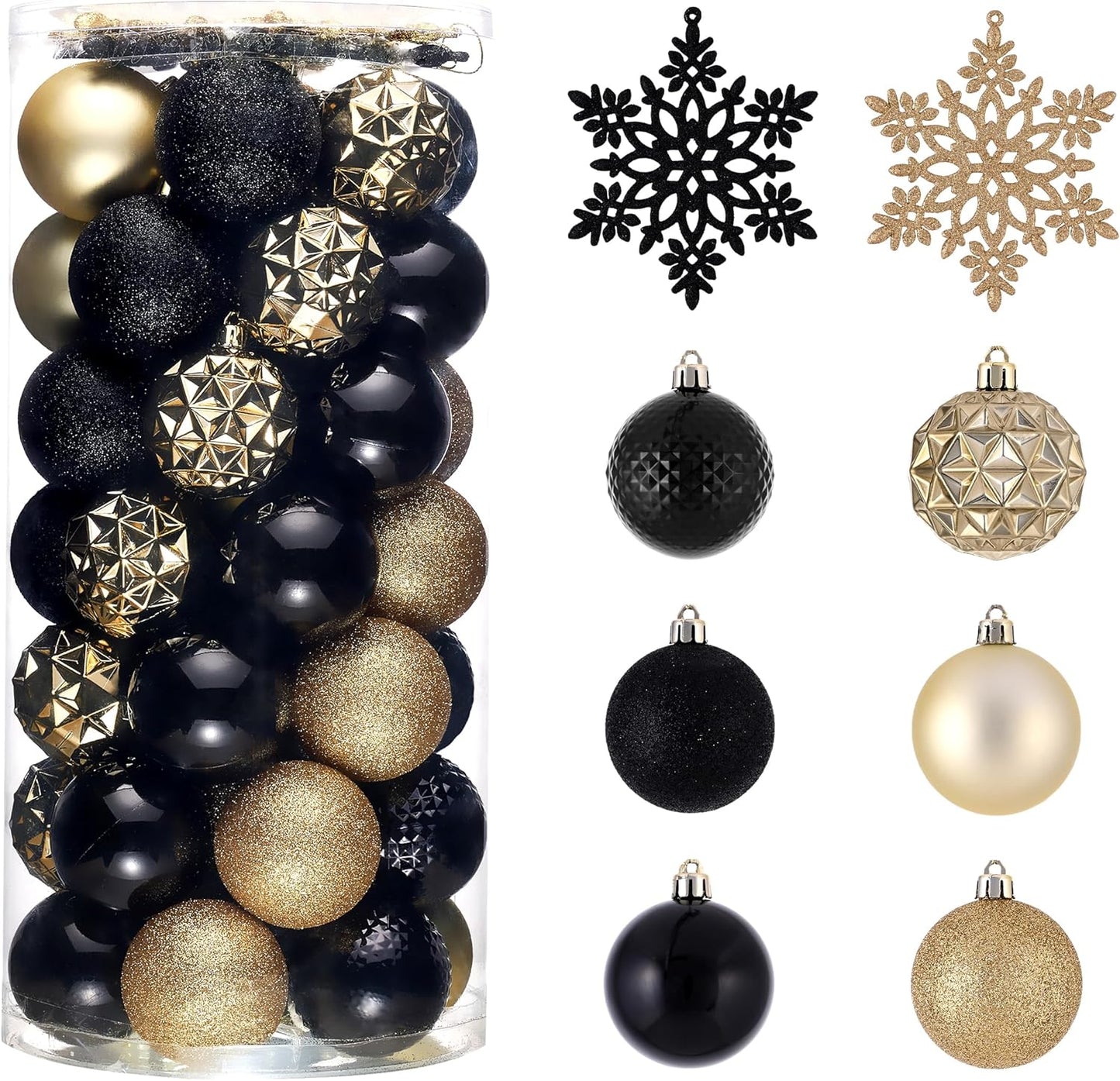 Valery Madelyn Christmas Tree Decorations Ornament Set for Fall Halloween, 50ct 2 Inches Black and Gold Shatterproof Christmas Ball Ornaments Hanging Xmas Holiday Party Decor
