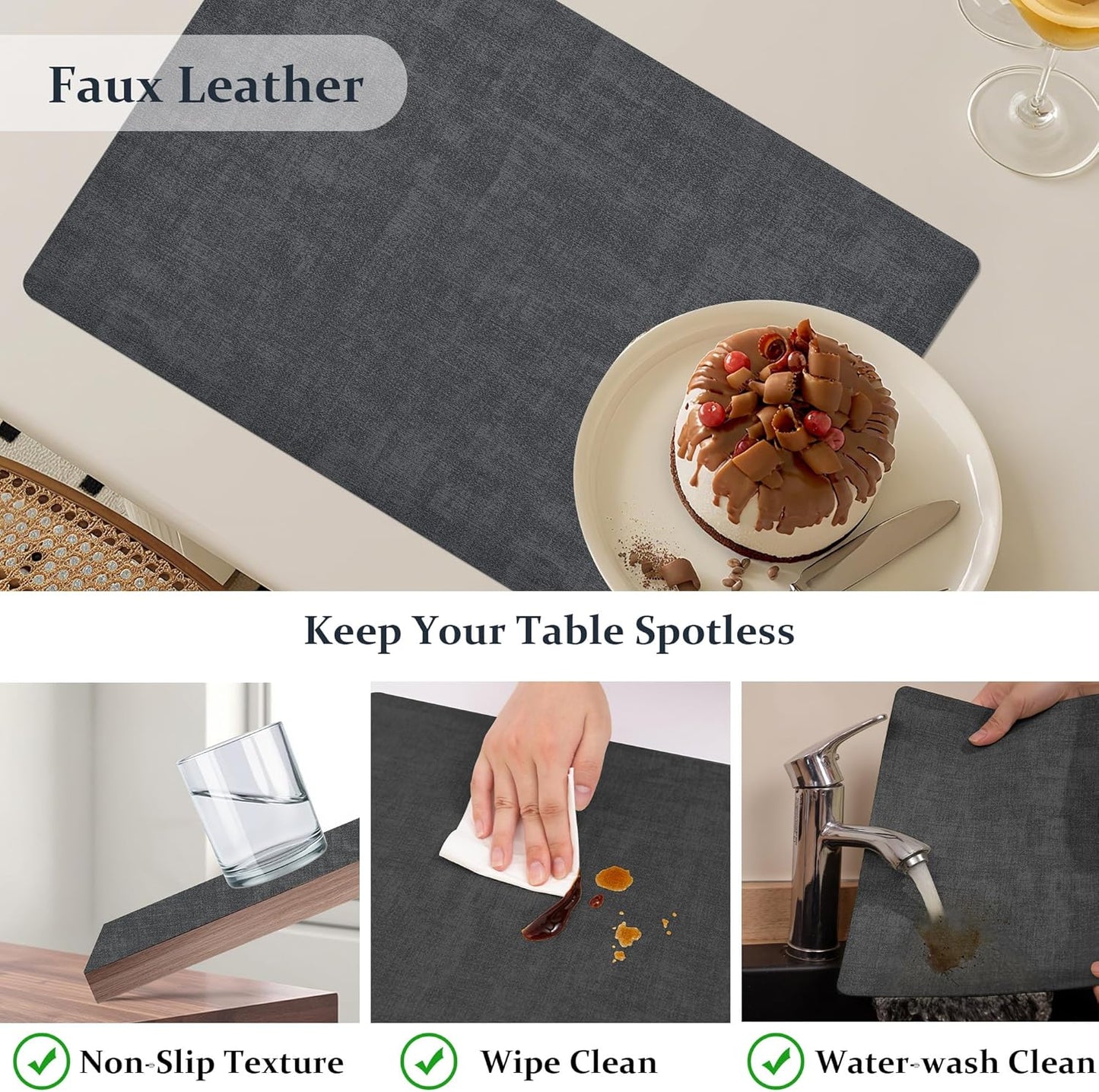 FROMHEART Faux Leather Placemats Set of 4–Waterproof,Heat/Oil Stain-Resistant PU Table Mat–Reversible,Non-Slip,Easy to Clean Place Mats for Kitchen,Dining,Indoor/Outdoor,(Dark Grey,11.8" x 17")