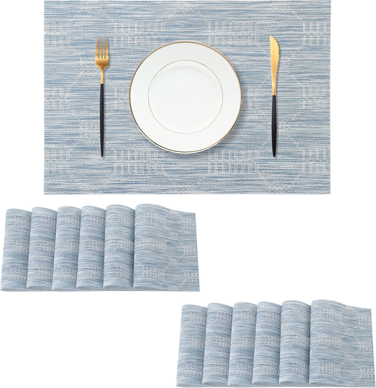 Leetaltree Jacquard Blue Placemats Set of 12 - Heat Resistant Non-Slip Place mats for Dining Table, Washable Durable PVC Vinyl Woven Table Mats（Jacquard Blue, 12）