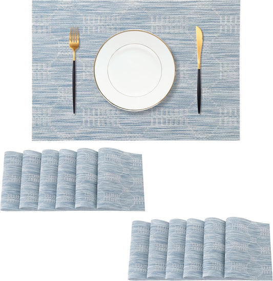Leetaltree Jacquard Blue Placemats Set of 12 - Heat Resistant Non-Slip Place mats for Dining Table, Washable Durable PVC Vinyl Woven Table Mats（Jacquard Blue, 12）