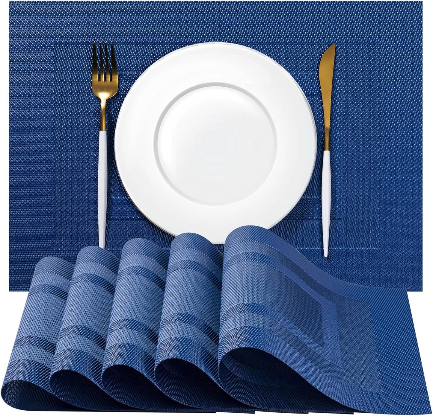 Placemats Set of 8 - Easy Clean Woven Vinyl Placemats for Dining Table, Indoor/Outdoor Place Mats, Washable PVC Table Mats（Navy Cube）