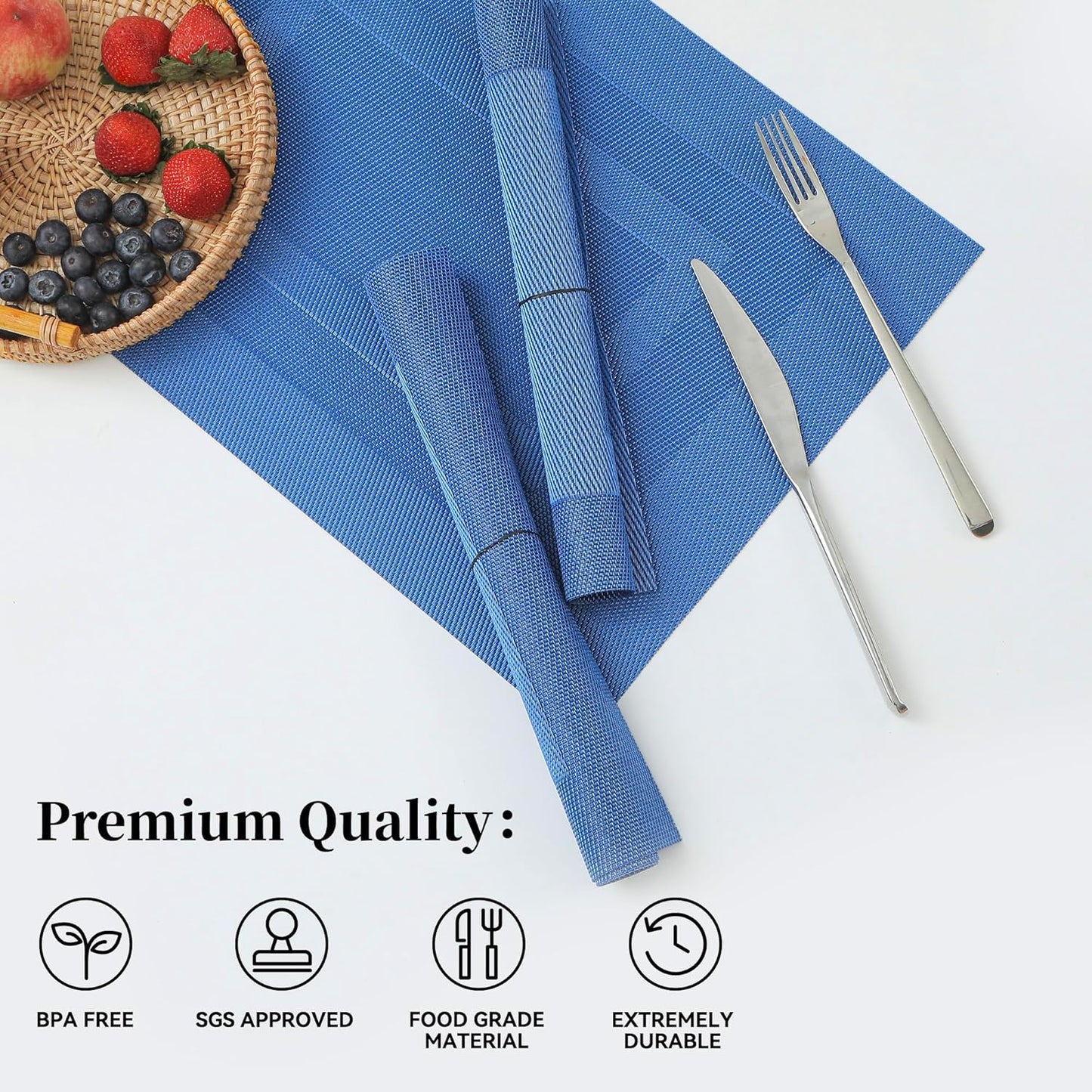Leetaltree Blue Frame Placemats Set of 8 - Heat Resistant Non-Slip Place mats for Dining Table, Washable Durable PVC Vinyl Woven Table Mats（Blue Frame, 8）