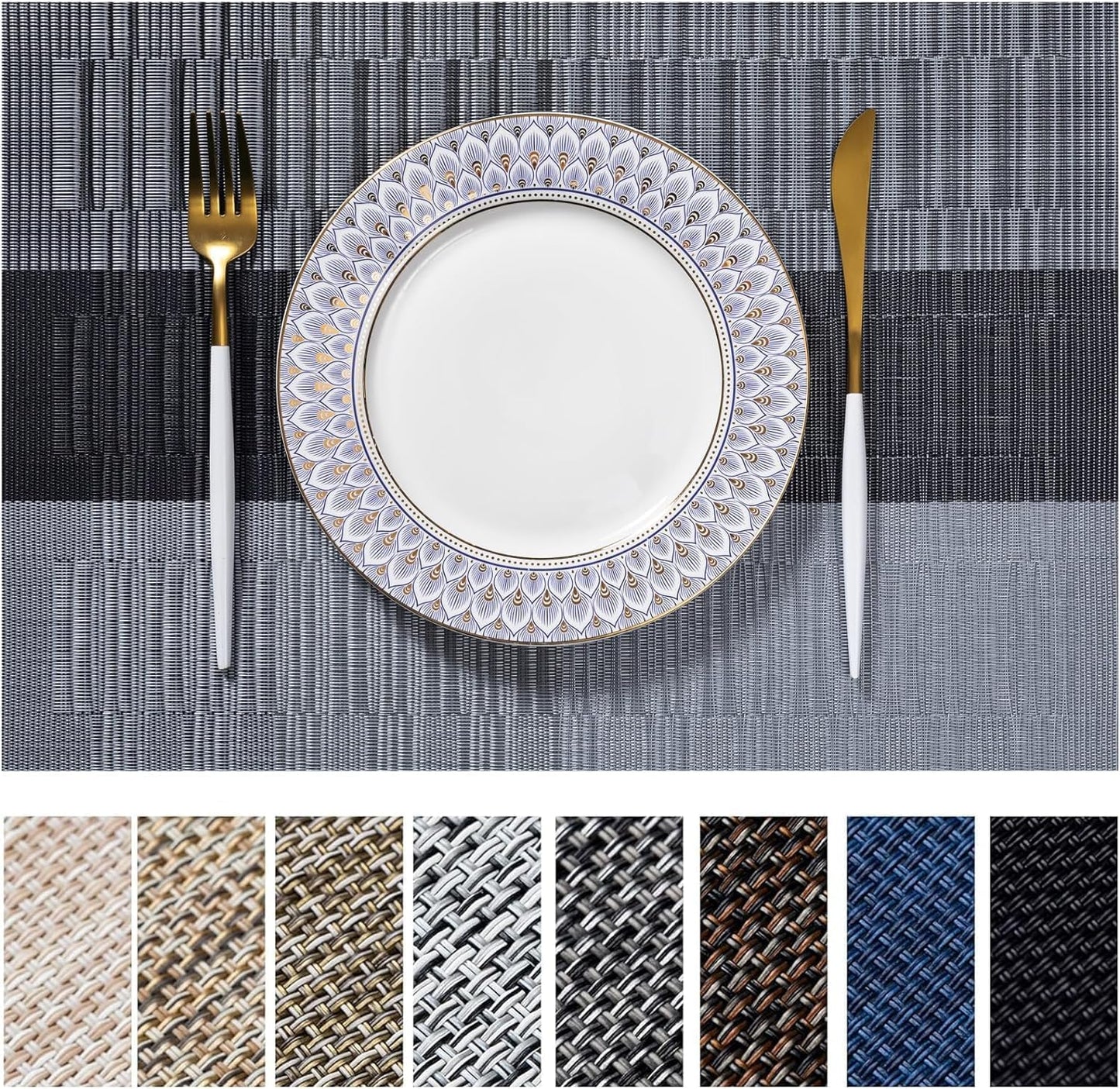 LEXMORE Placemats Set of 8 Vinyl/Plastic Woven Place Mats for Kitchen Table Indoor/Outdoor Washable Placemat Wipeable Dining Table Mats(E-Silver Gray Black)