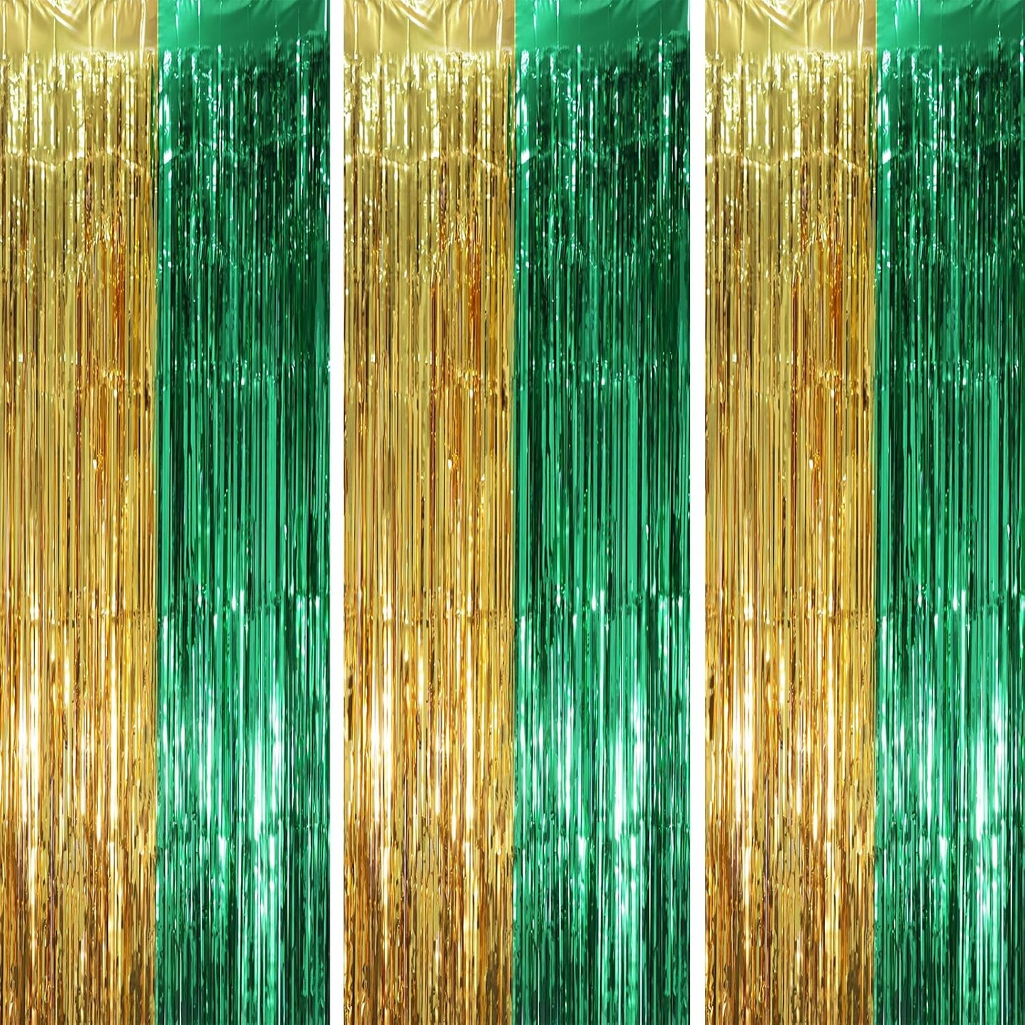 3 Pack 3.3 x 8.2 ft Green and Gold Foil Fringe Backdrop Curtains, Tinsel Streamers Party Decorations, Fringe Backdrop, Door Shimmer for Graduation or Birthday Party
