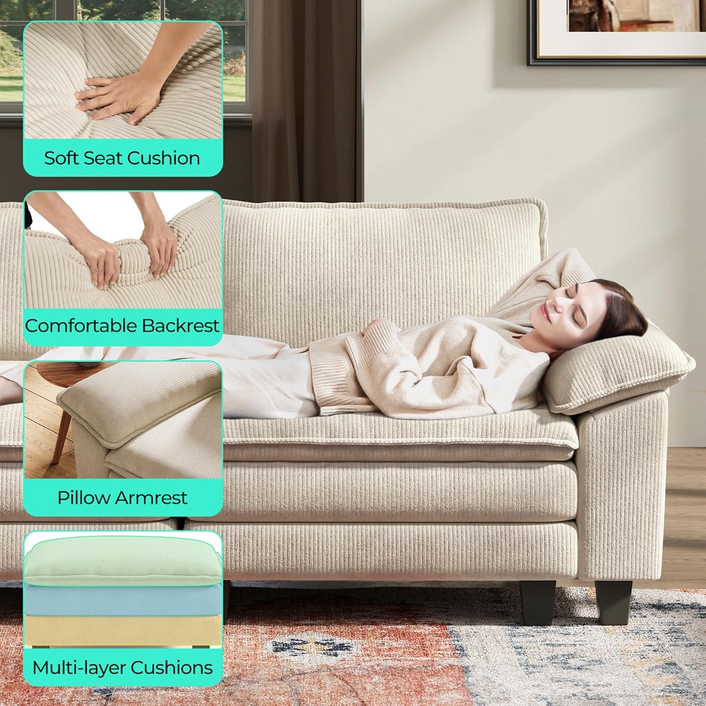 LINSY HOME Oversized Sectional Sofa - 157'' Oversized Corduroy Cloud Couch Deep Seat Modular Sofas Soft Modern Comfy Couches Furniture for Living Room Apartment Office, Beige