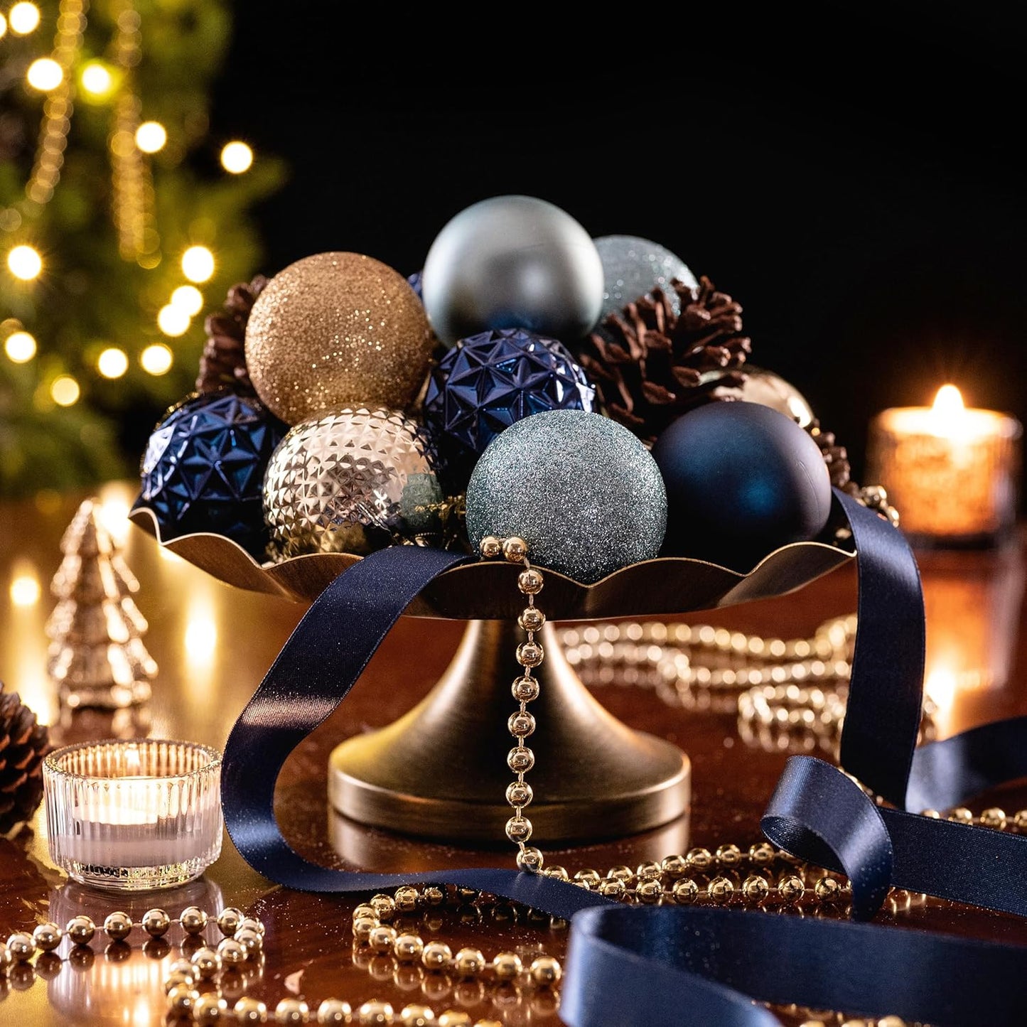 Valery Madelyn Christmas Tree Decorations Ornament Set for Fall Halloween, 50ct 2 Inches Blue and Gold Shatterproof Christmas Ball Ornaments Hanging Xmas Holiday Party Decor