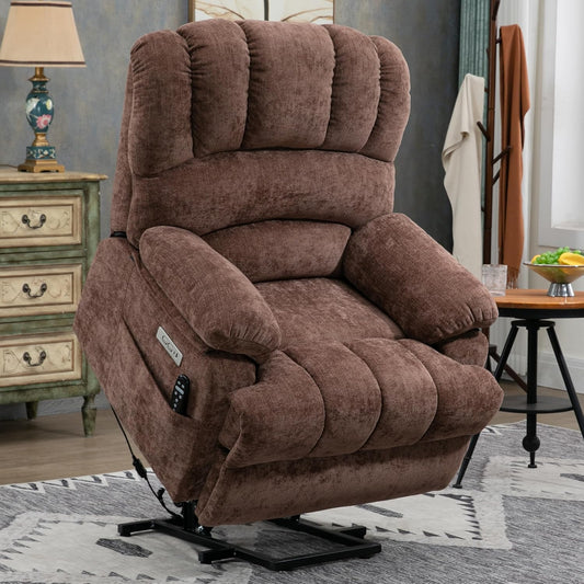 Large Power Lift Recliner Chair with Massage and Heat for Elderly, Ergonomic Backrest, Infinite Adjust, 2 Side Pockets,USB and Type-C Ports, Chenille Brown