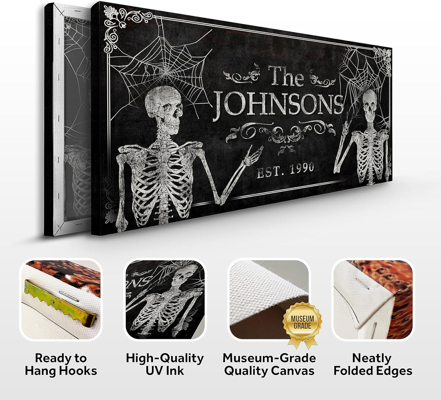 Tailored Canvases Gothic Family Wall Decor - Personalized Grunge Vintage Skeleton Room Decor for Home, Halloween Lovers, Men & Women for Bedroom, Living Room - Custom Couple Name, White Print, 48"x24"