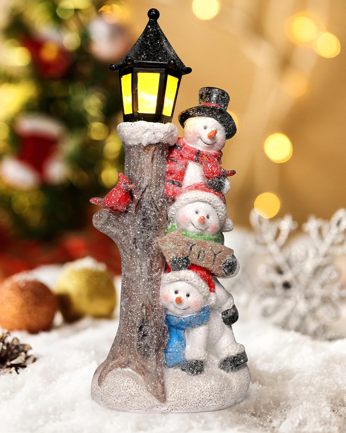 iStatue Lighted Stacked Snowman Tabletop Decor Figurine with Lamppost Lantern - 11.2'' Resin Cardinal Christmas Decorations Indoor - Unique Xmas Gift Idea (Joy Trio)
