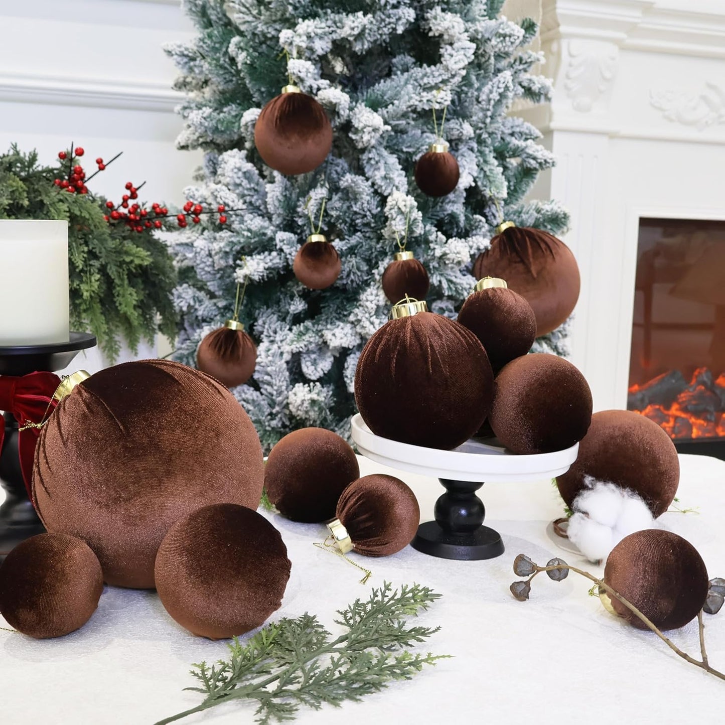 6inch Big Brown Velvet Christmas Ornaments, 2pcs Flocked Ornaments Balls Sets for Christmas Tree Decorations