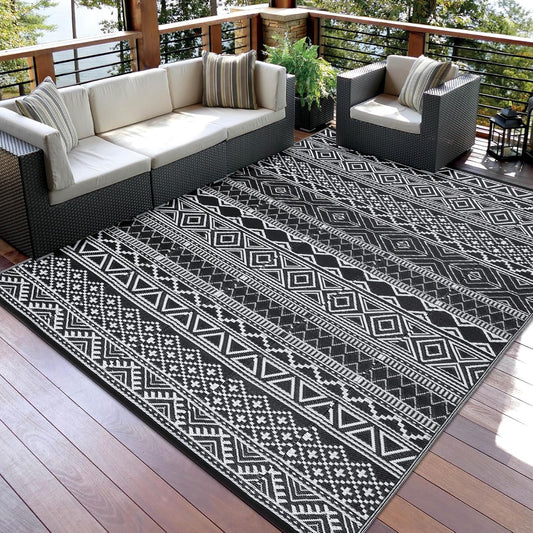 GAOMON Reversible Outdoor Rug 9'x18' Waterproof Plastic Straw Rug, Patio Rug, Large Modern Area Rug Carpet, Indoor Outdoor Rugs for Camping, Porch, Deck, Balcony, Backyard, Black/White(Bohemia)