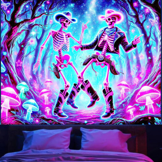 BlissYard Blacklight Tapestry UV Reactive Tapestry 78x59 Inches Skeleton Cowboys Fluorescent Wall Hanging Glowing Mushrooms and Cosmic Dance Theme for Bedrooms, Living Rooms, and Themed Events
