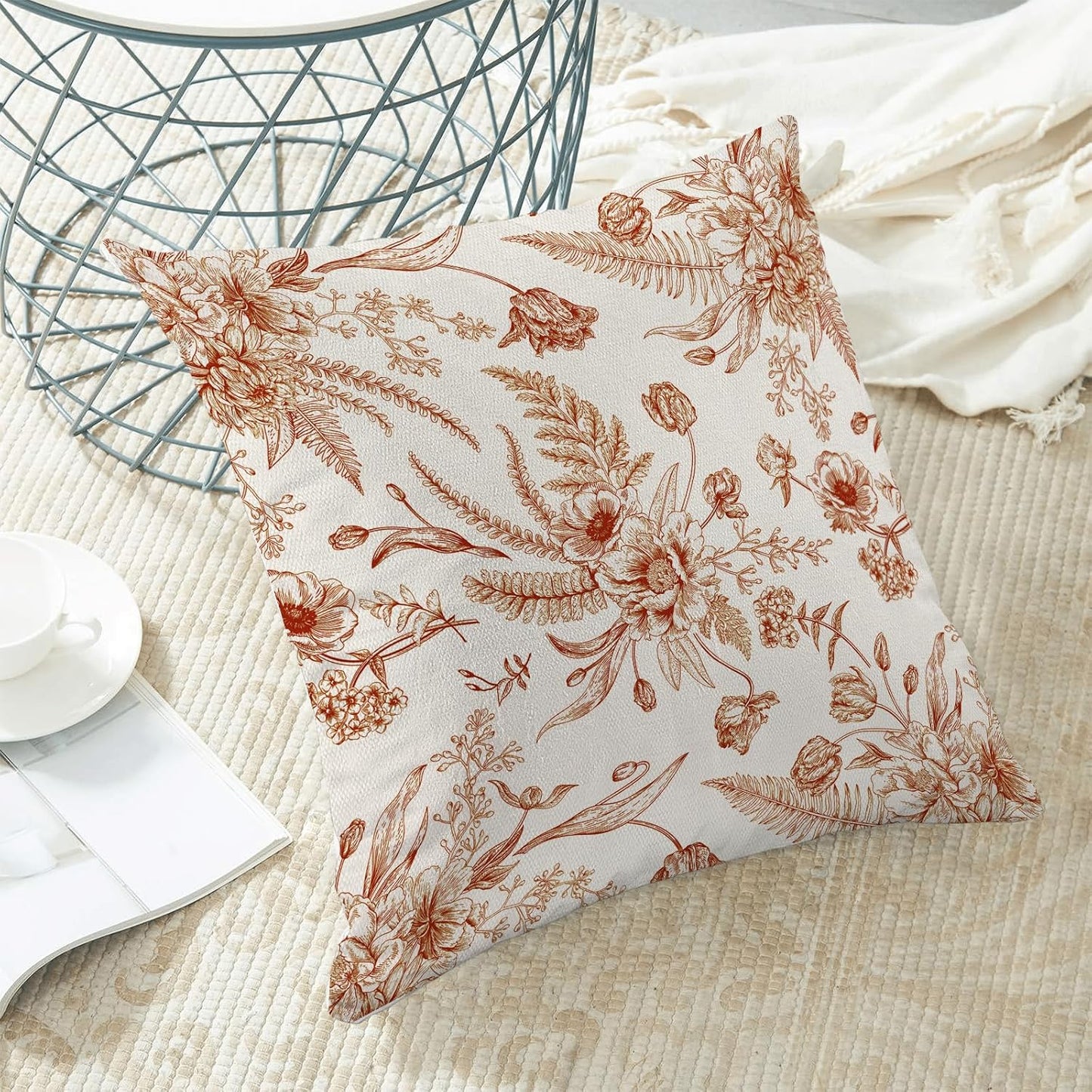 CXMEIFLY Burnt Orange Spring Pillow Covers 18 x 18 Inch Set of 2 for Chinoiserie Flowers Decor Throw Pillows Floral Leaves Seasonal Plant Outdoor Decorative Cushion Cases for Couch Bed Decorations