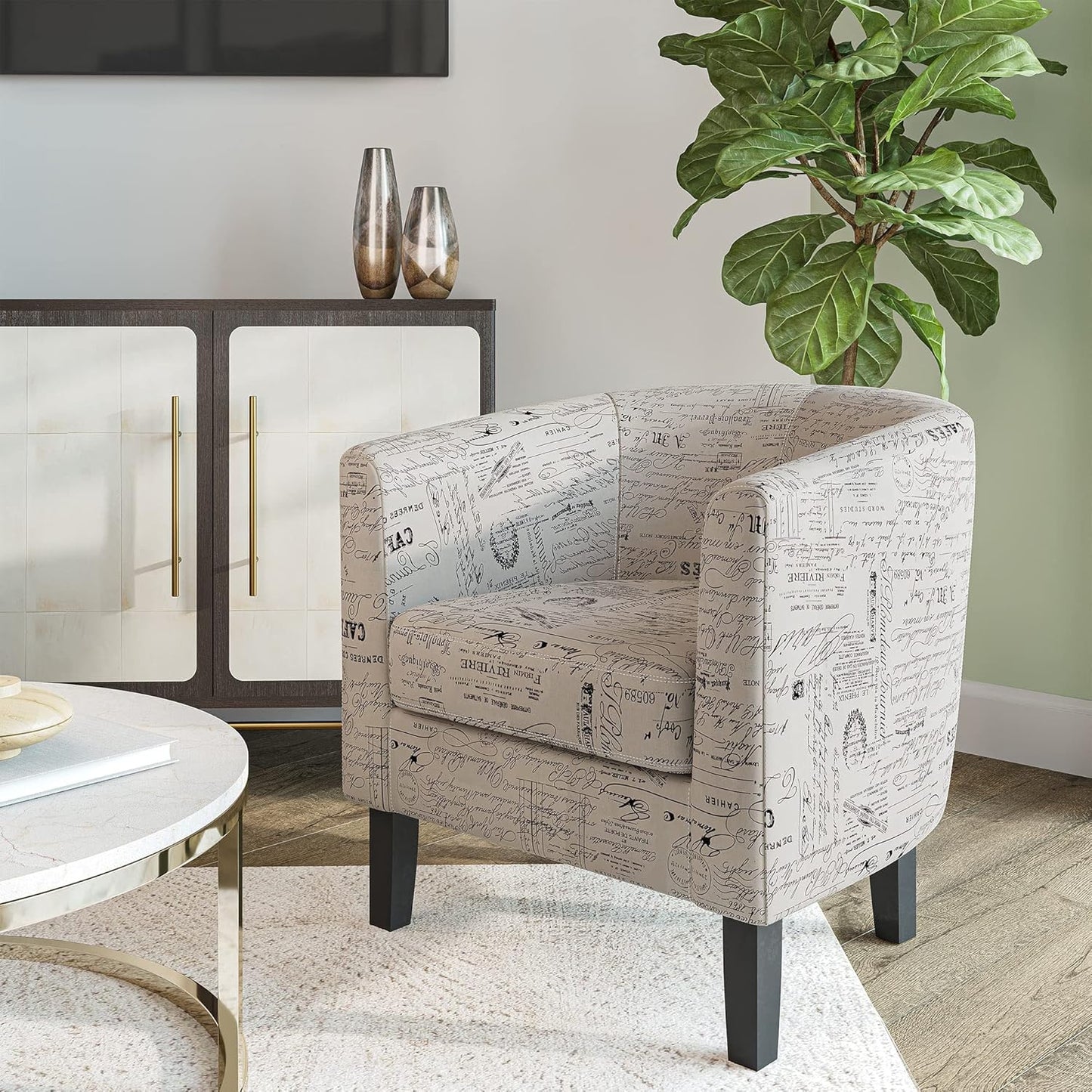 BELLEZE Accent Barrel Chair Set of 2, Linen Round Chair Club Tub Sofa Corner Chair with Flared Legs and Cozy Soft Padding for Living Room Bedroom Waiting Room - Black & Beige