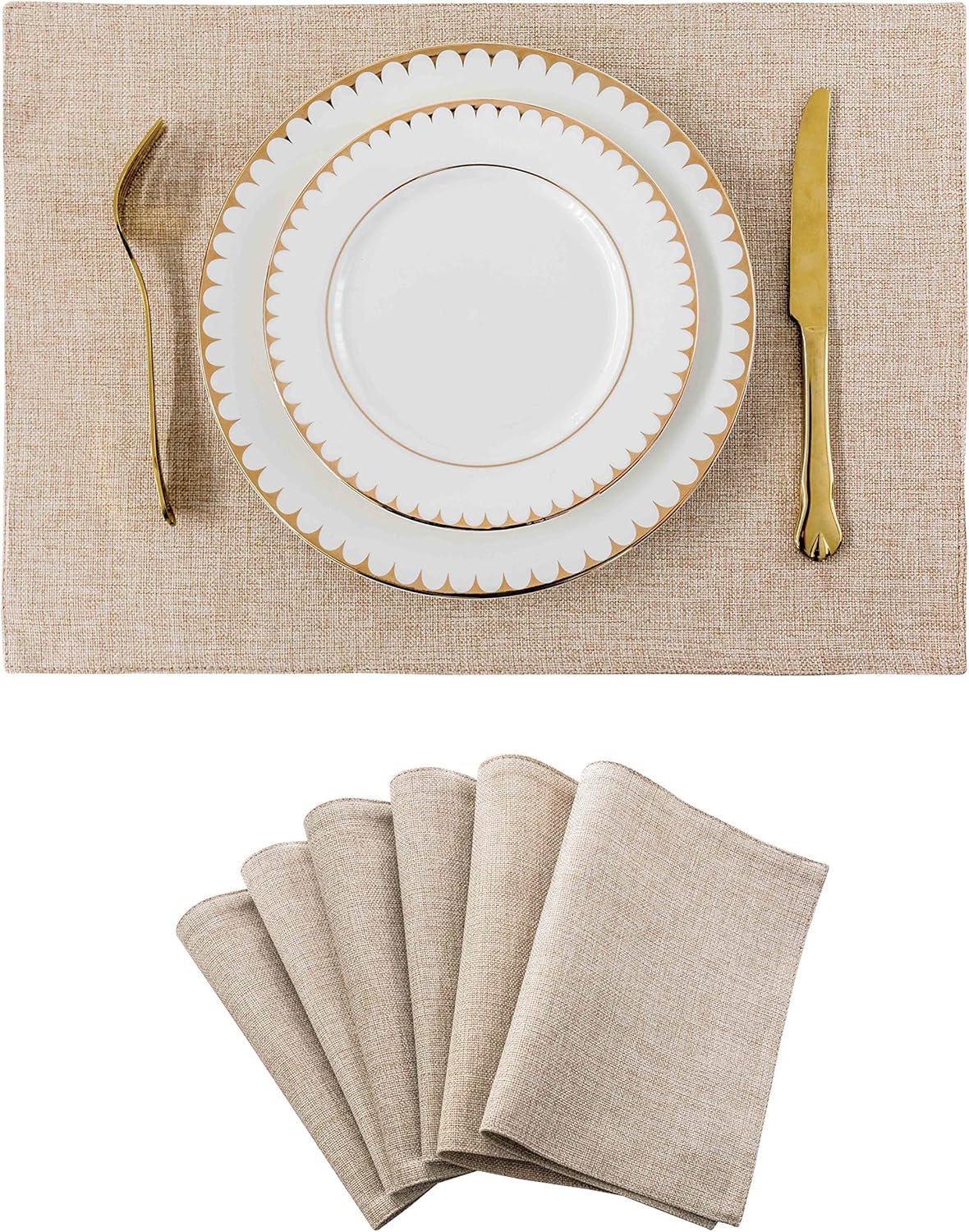 Home Brilliant Burlap Linen Placemats Set of 6 Plate Mats Heat Resistant Dining Table Cloth Placemats Washable Kitchen Table Mats for Holiday Dinner, 13x19 inch, Light Linen