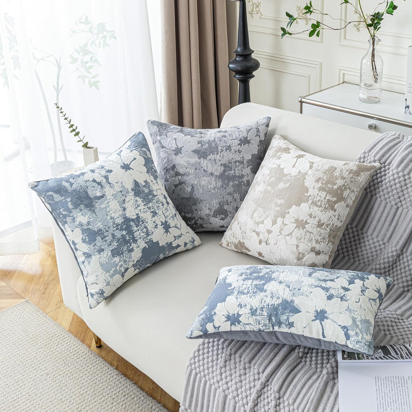 Jacquard Throw Pillow Covers 18x18 Inch Set of 2 - Vintage Floral Boho Pillow Cases with Botanical Pattern | Farmhouse Decor for Couch Living Room | Soft Textured Neutral Trio Dusty Blue 18" x 18"